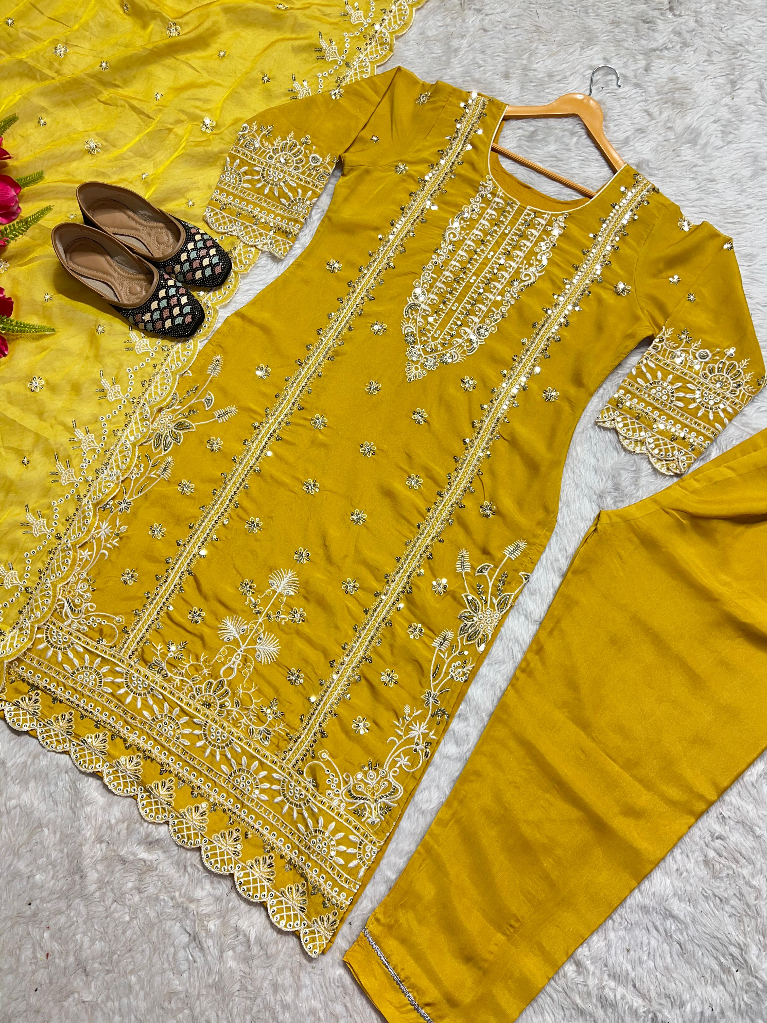 Eyes Catching Organza Yellow Color Salwar Suit