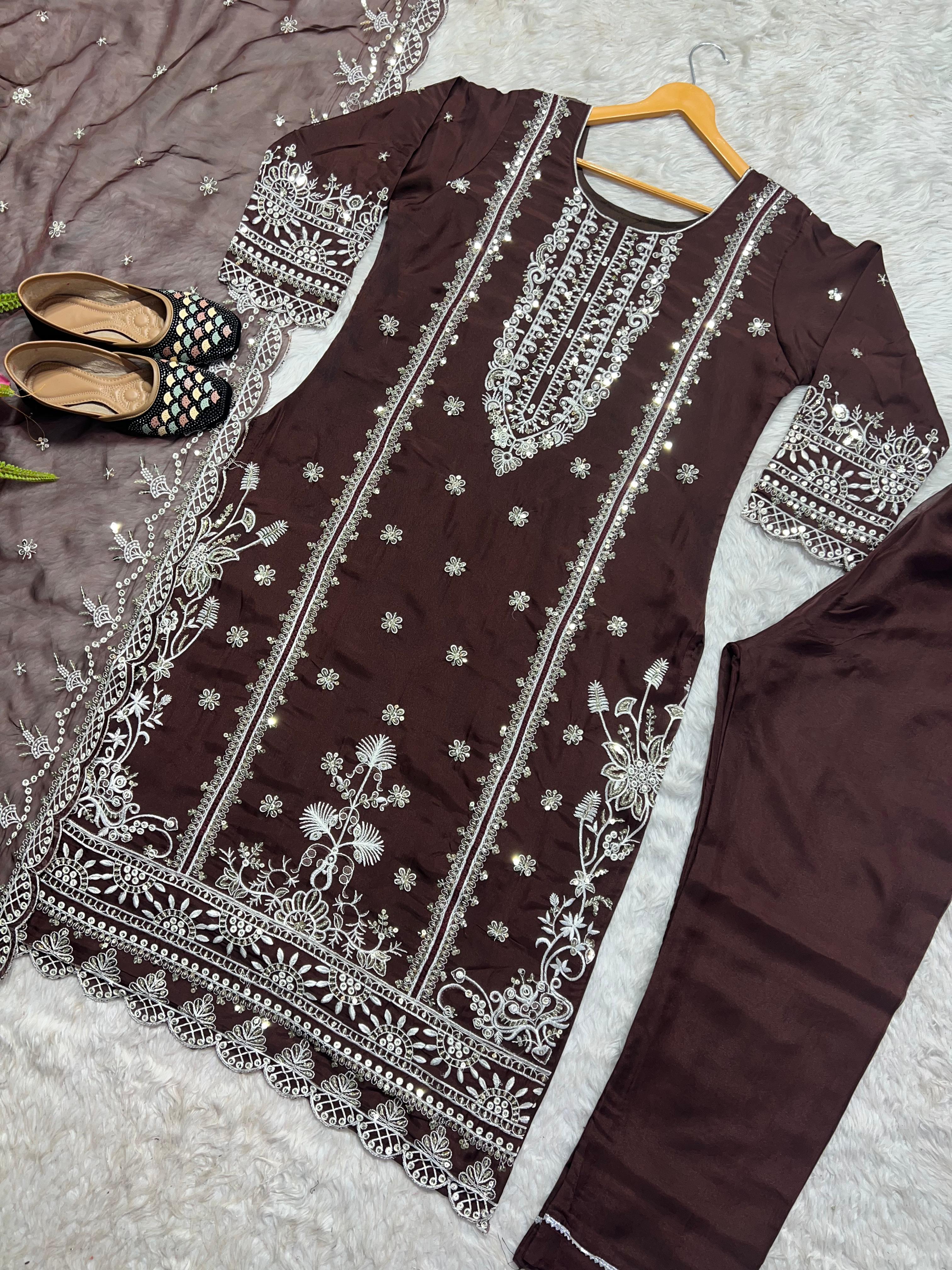 Eyes Catching Organza Brown Color Salwar Suit