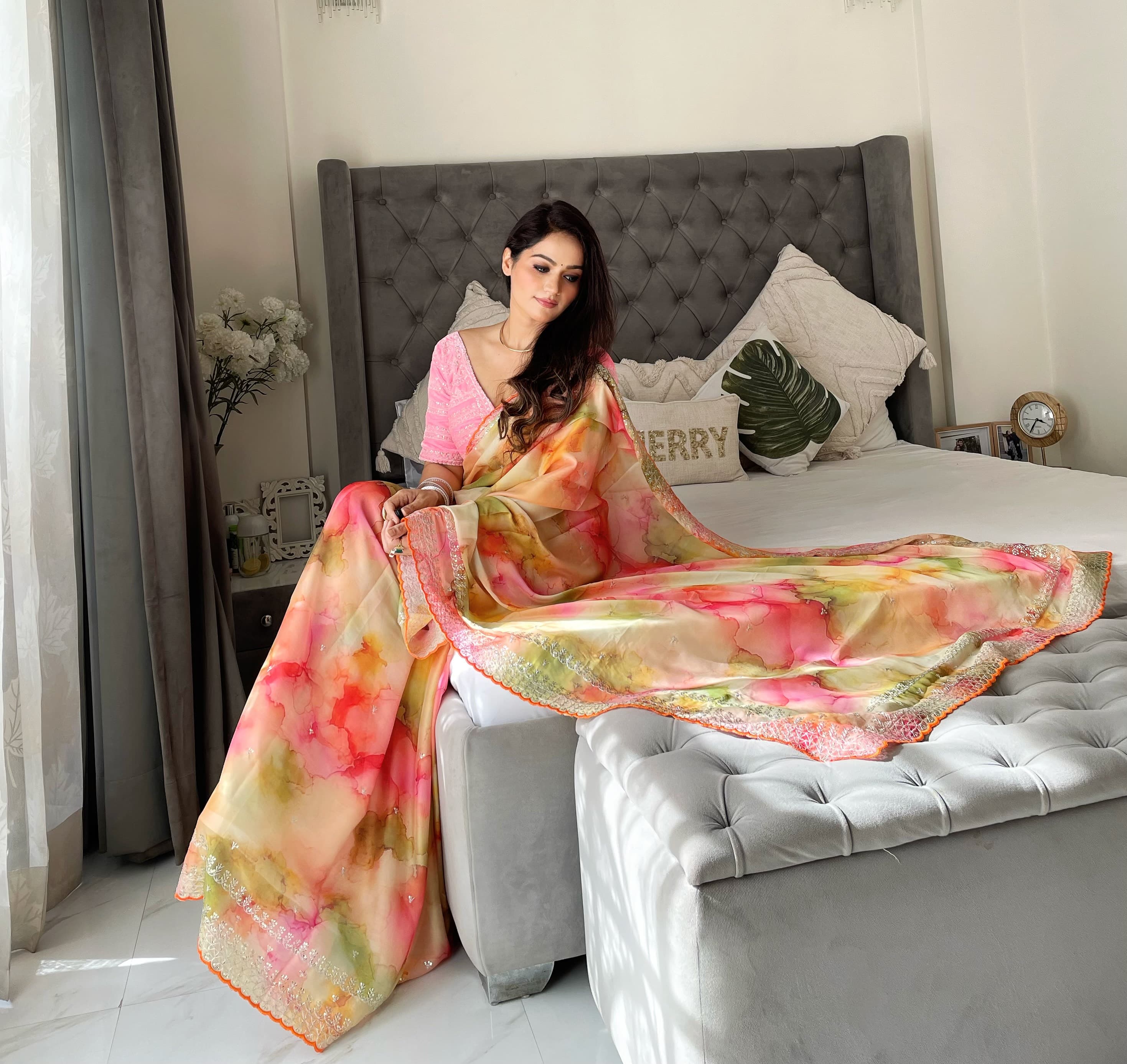 Multi Amazing Embroidery Work Printed Saree With Work Blouse