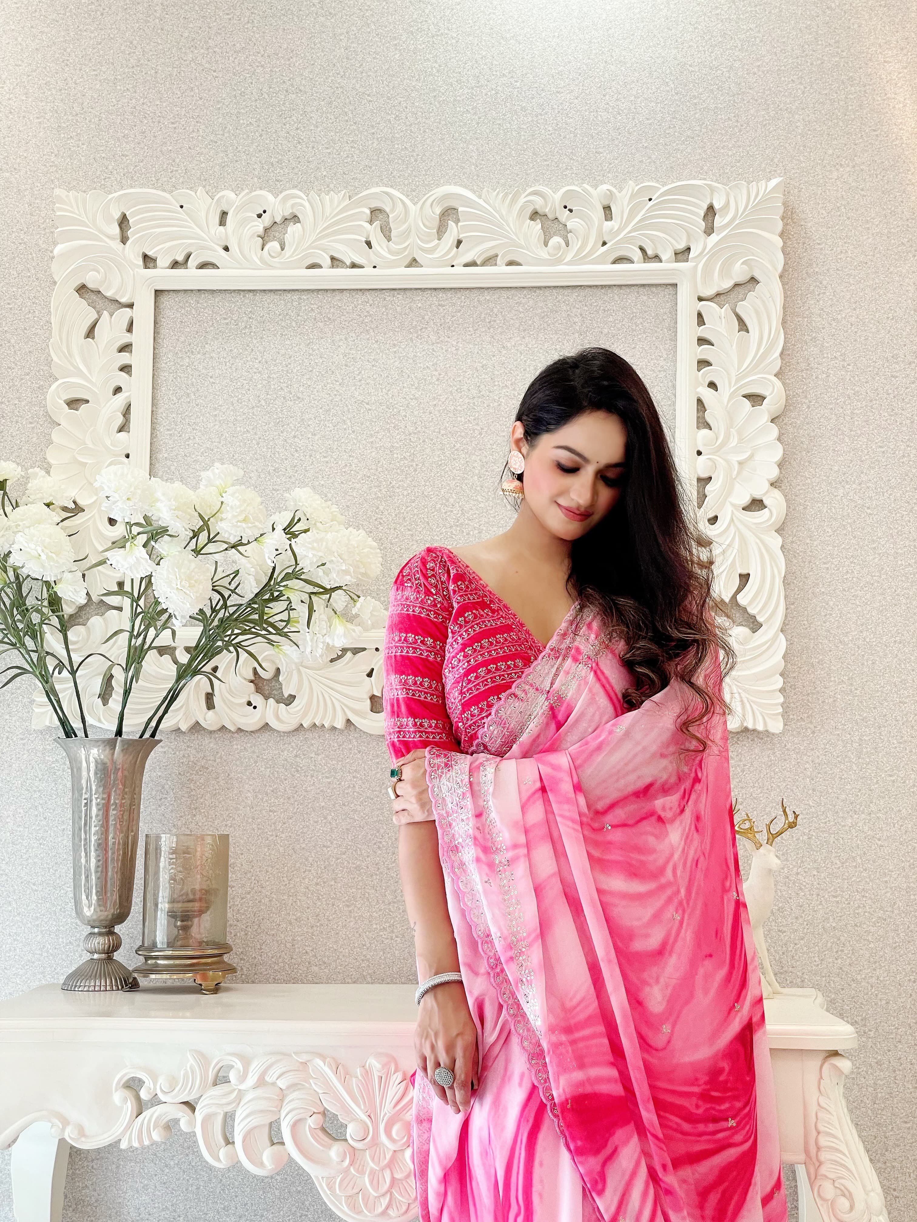 Pink Amazing Embroidery Work Printed Saree With Work Blouse