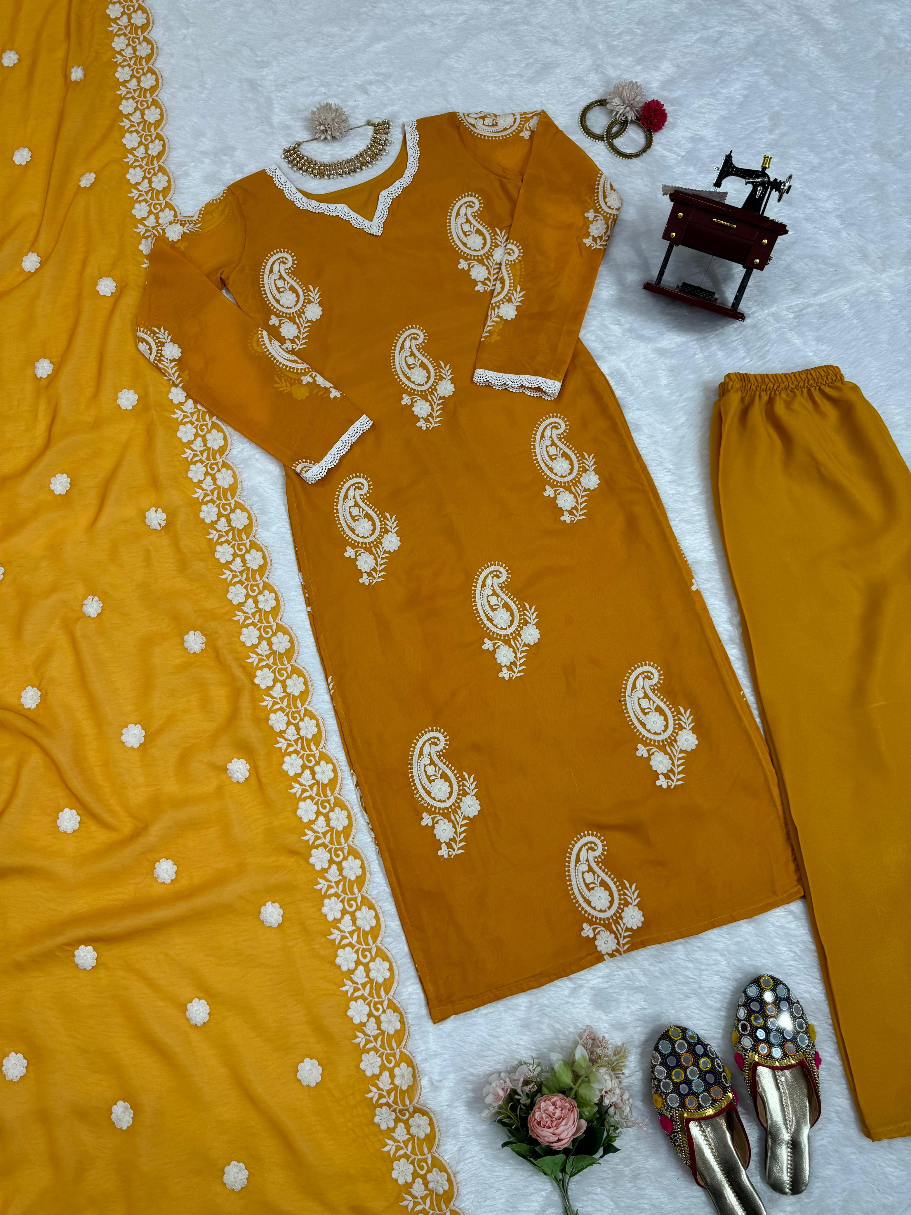 Delightful Thread Work Mustard Color Kurti Set With Dupatta