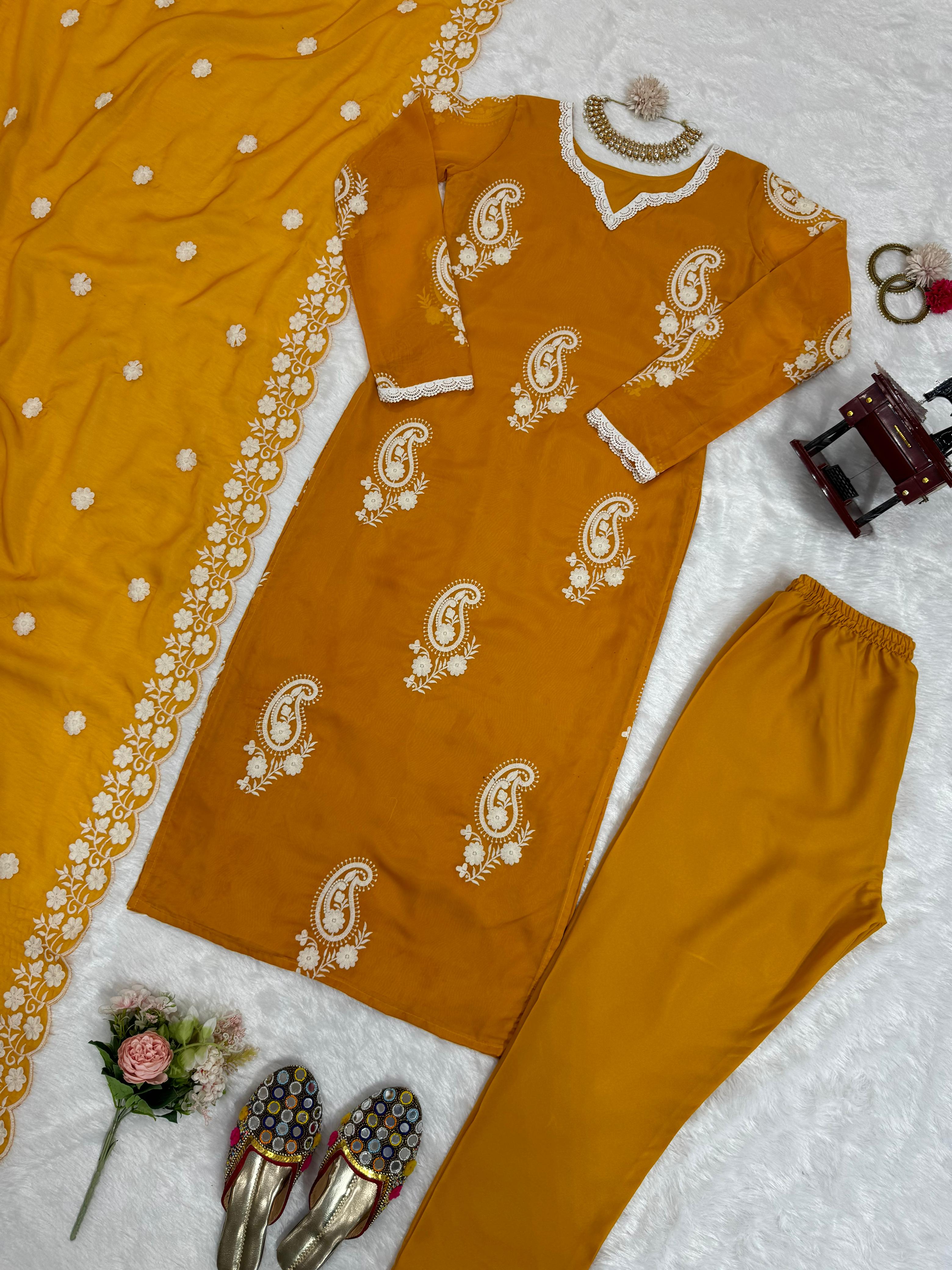 Delightful Thread Work Mustard Color Kurti Set With Dupatta