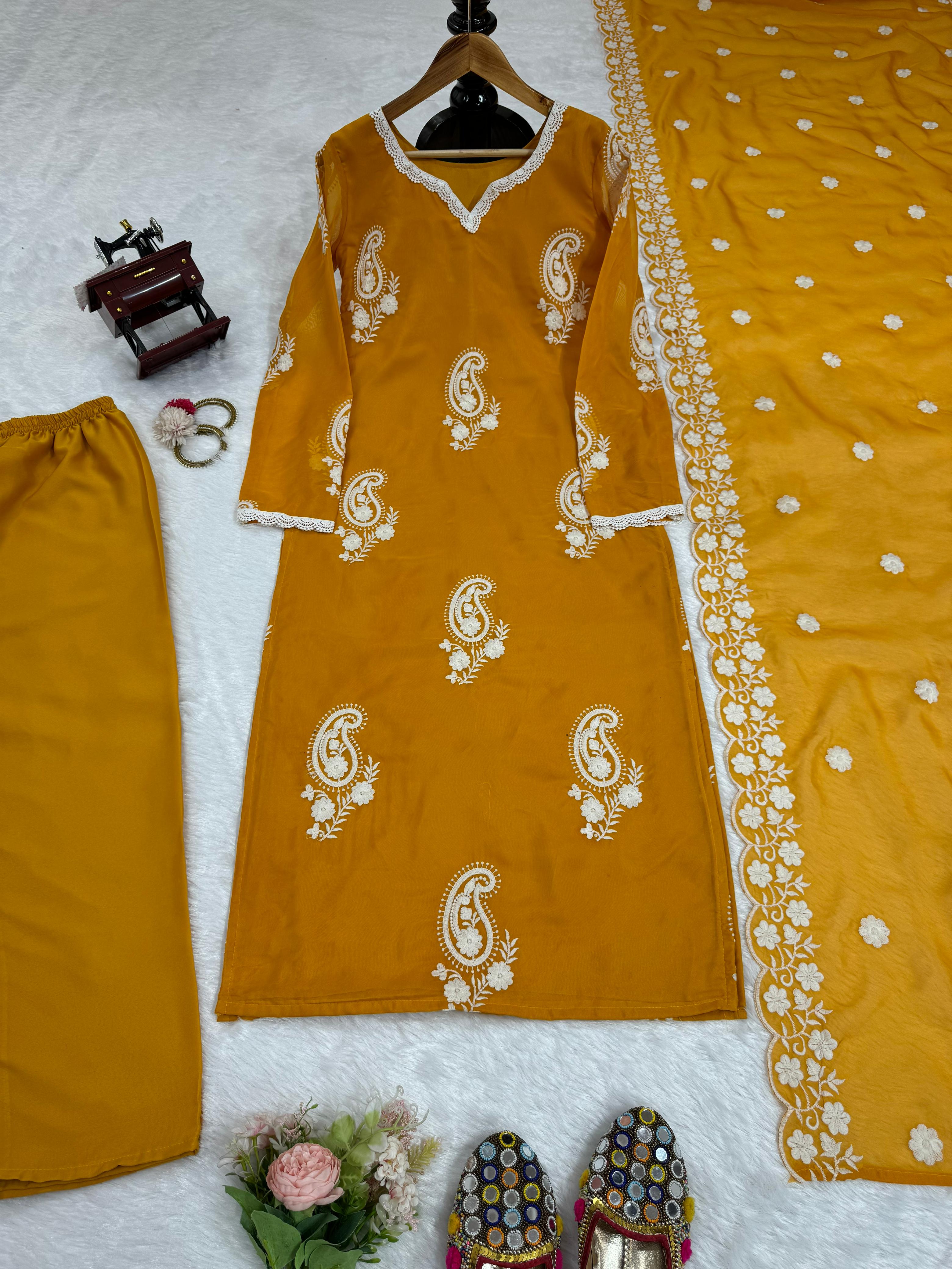 Delightful Thread Work Mustard Color Kurti Set With Dupatta