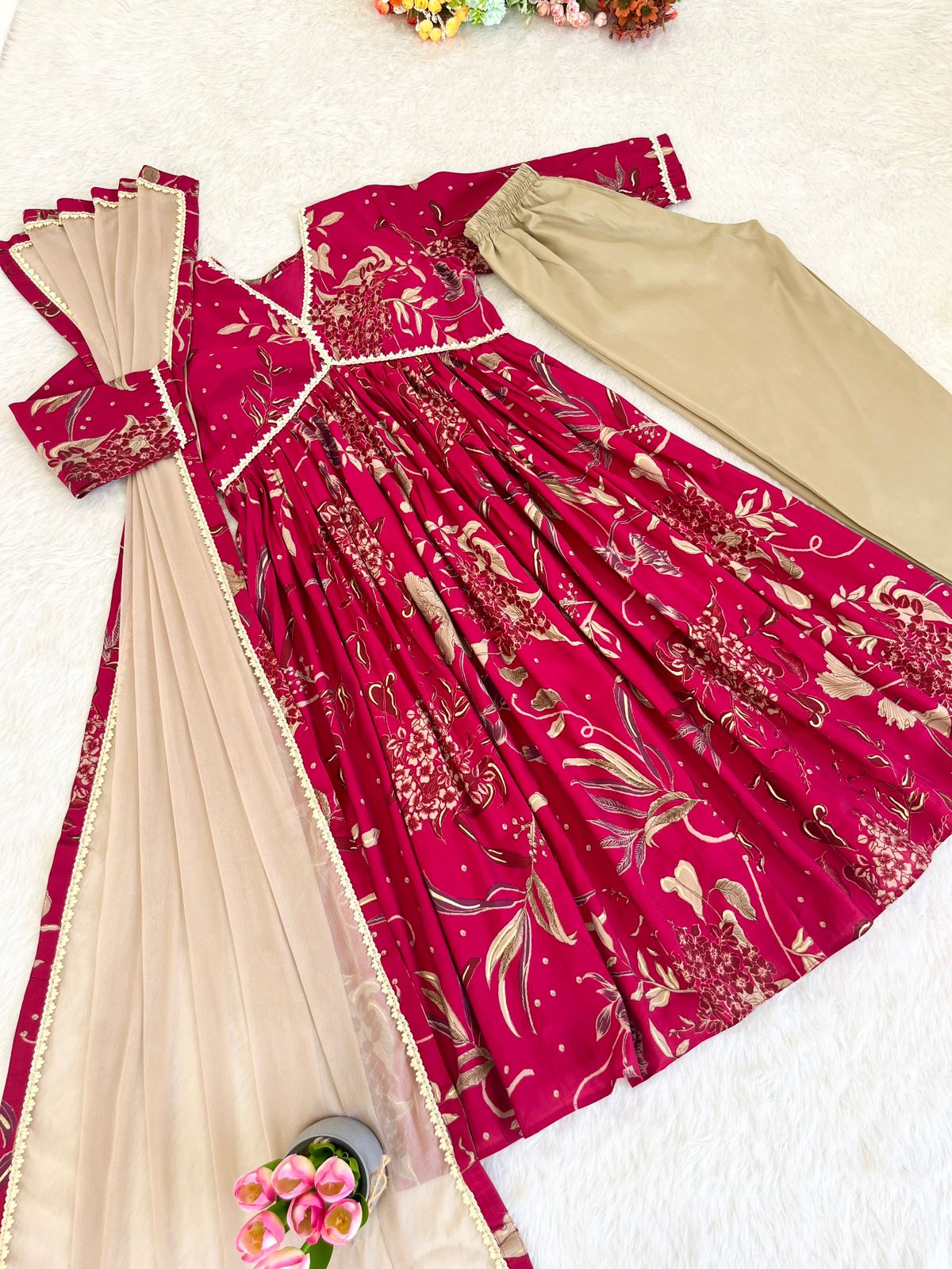 Fancy Neck Pattern Pink Color Anarkali Dress