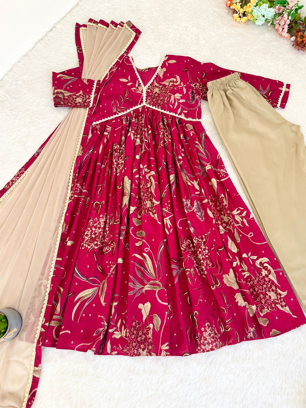 Fancy Neck Pattern Pink Color Anarkali Dress