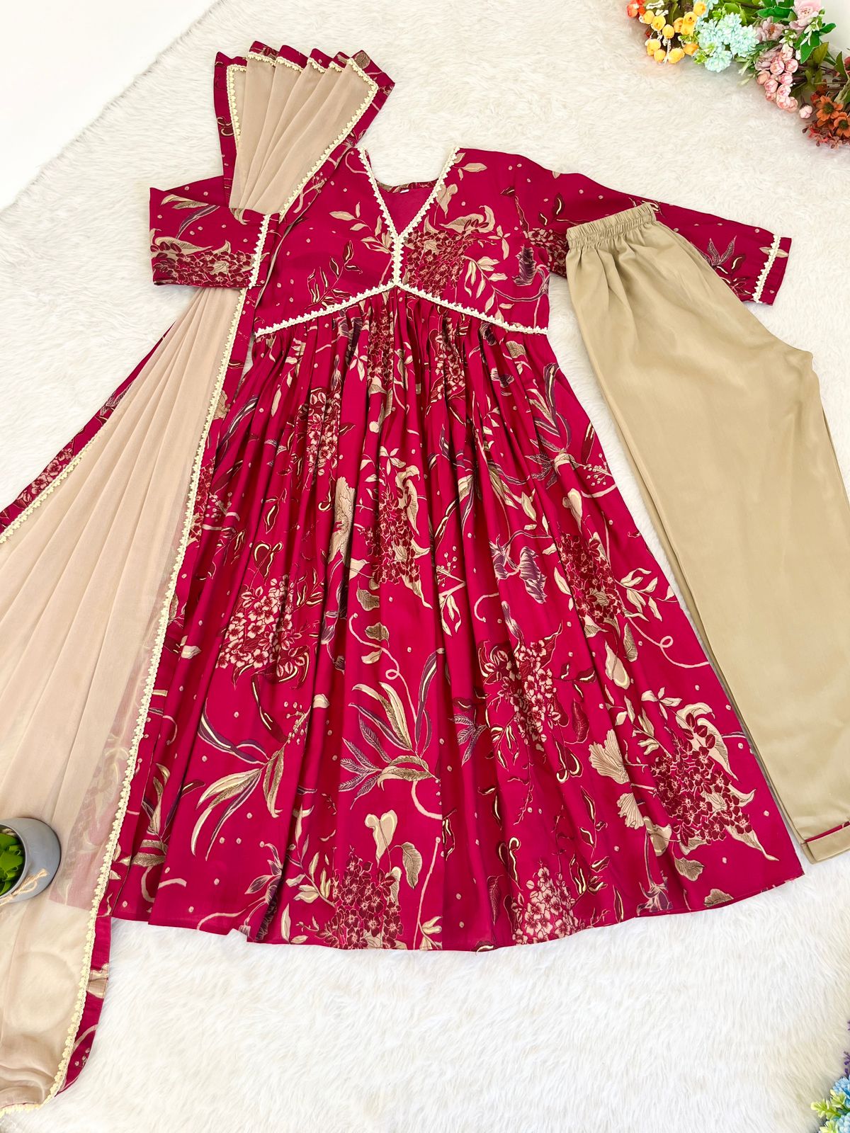 Fancy Neck Pattern Pink Color Anarkali Dress