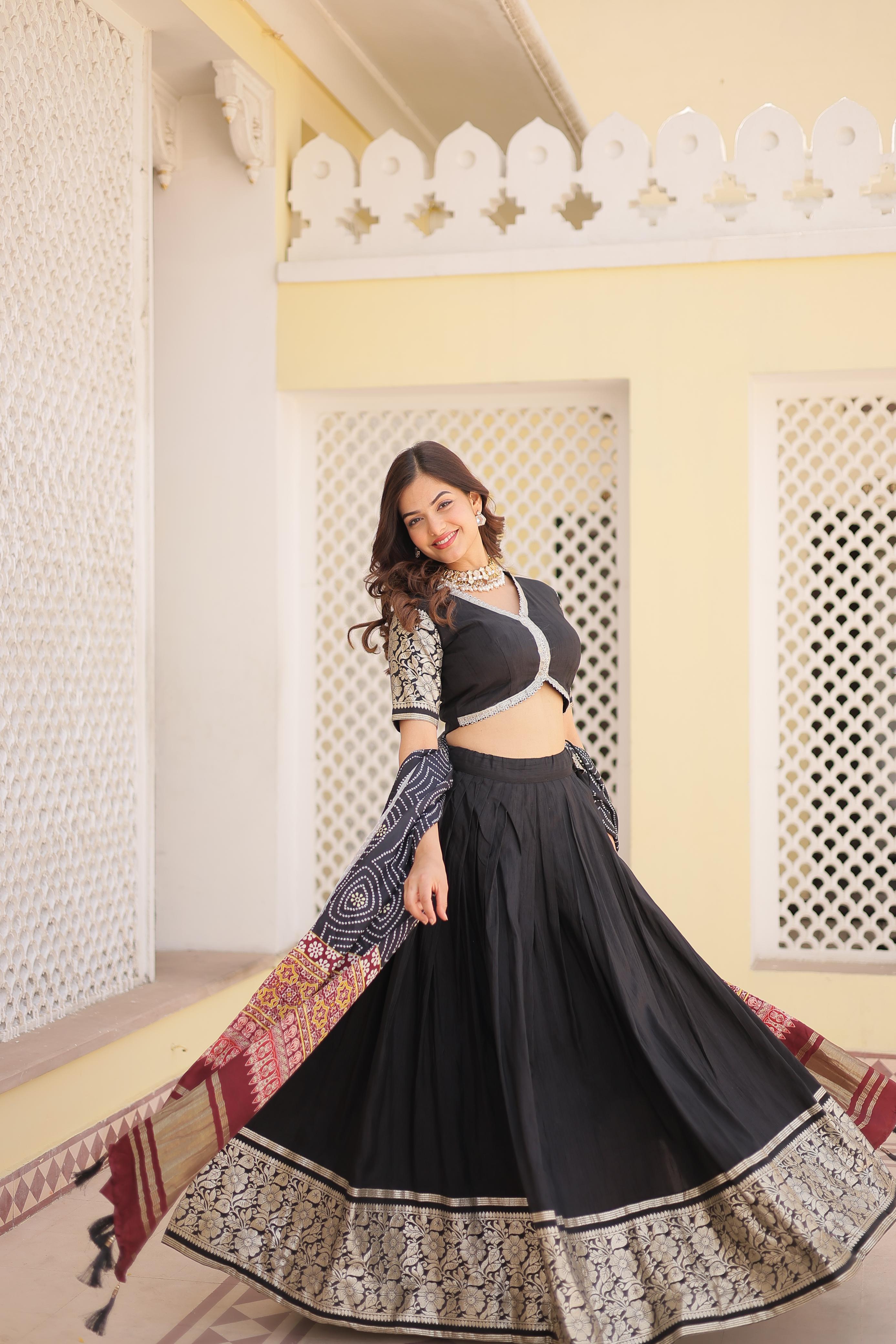 Festive Wear Black Work Lehenga Choli With Print Dupatta