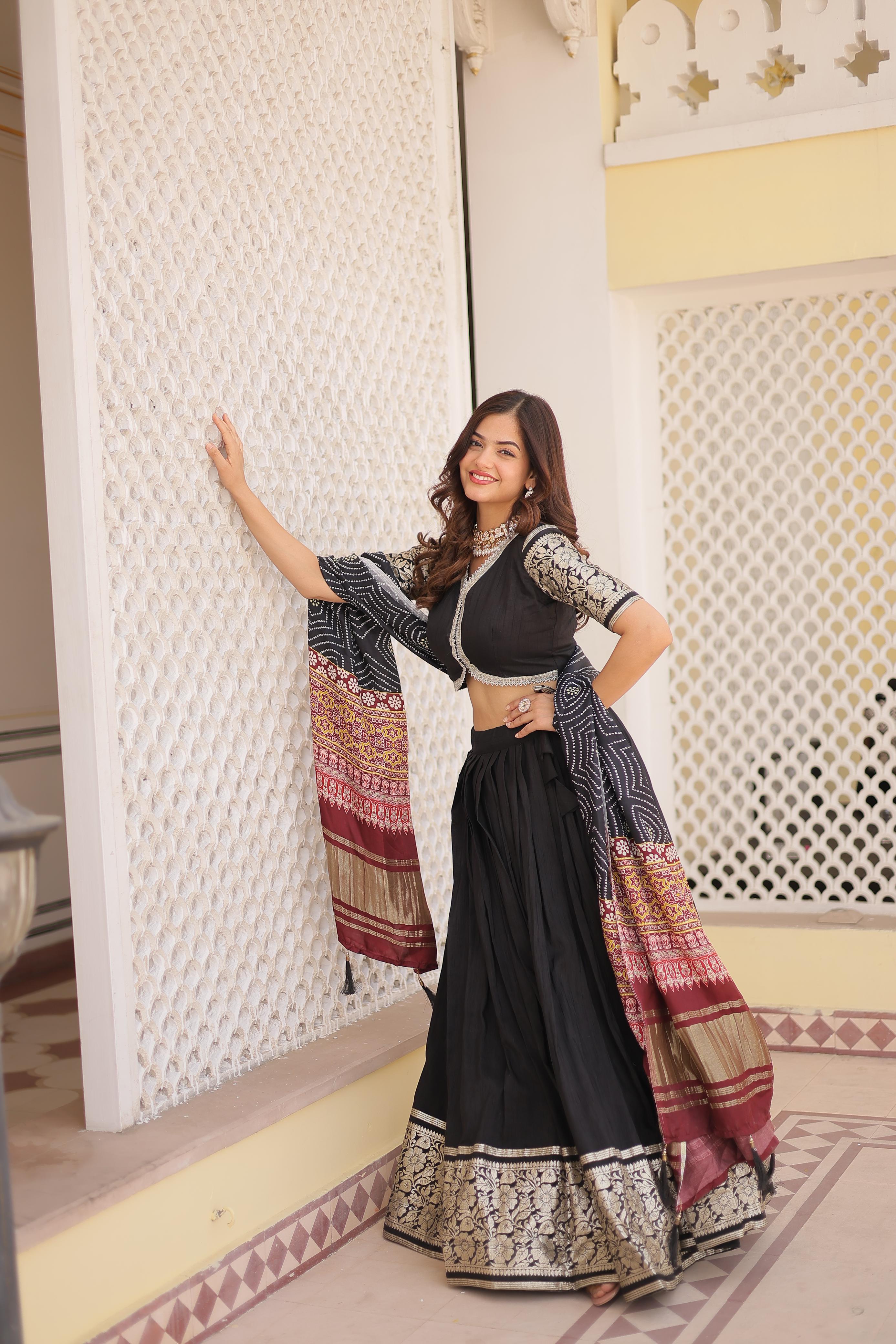 Festive Wear Black Work Lehenga Choli With Print Dupatta