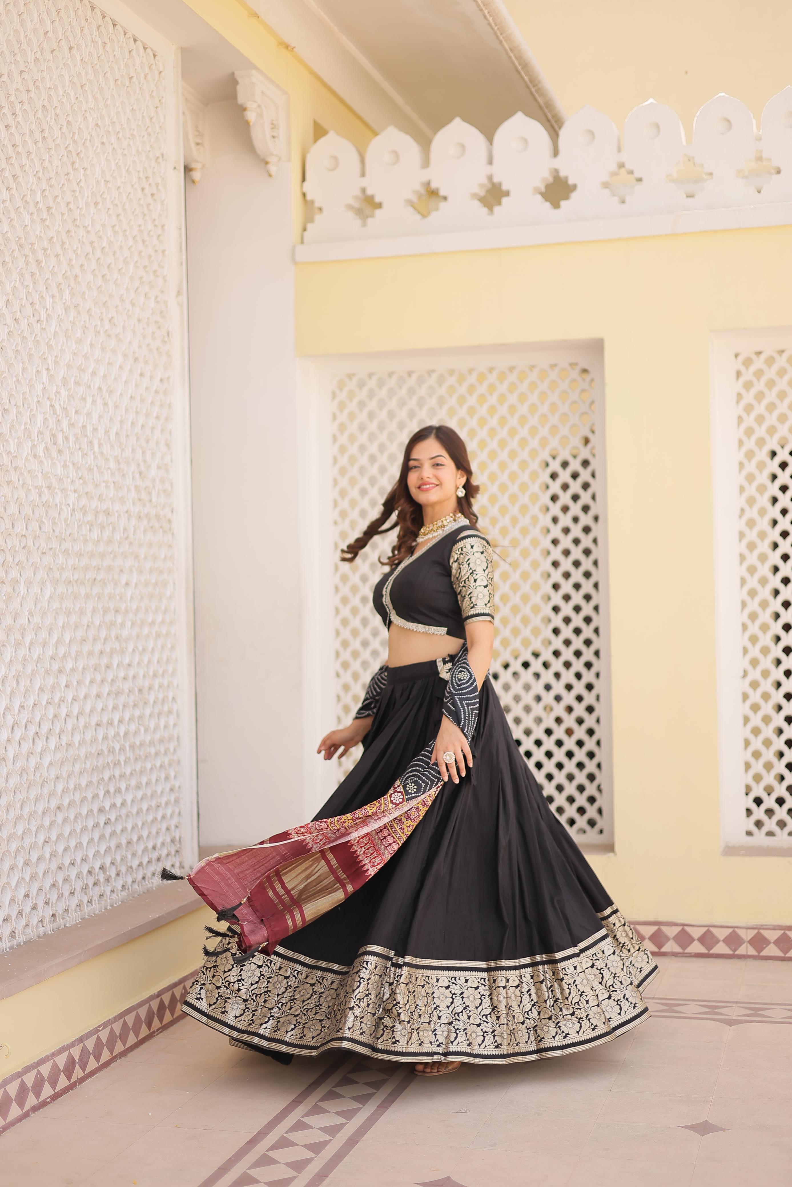 Festive Wear Black Work Lehenga Choli With Print Dupatta