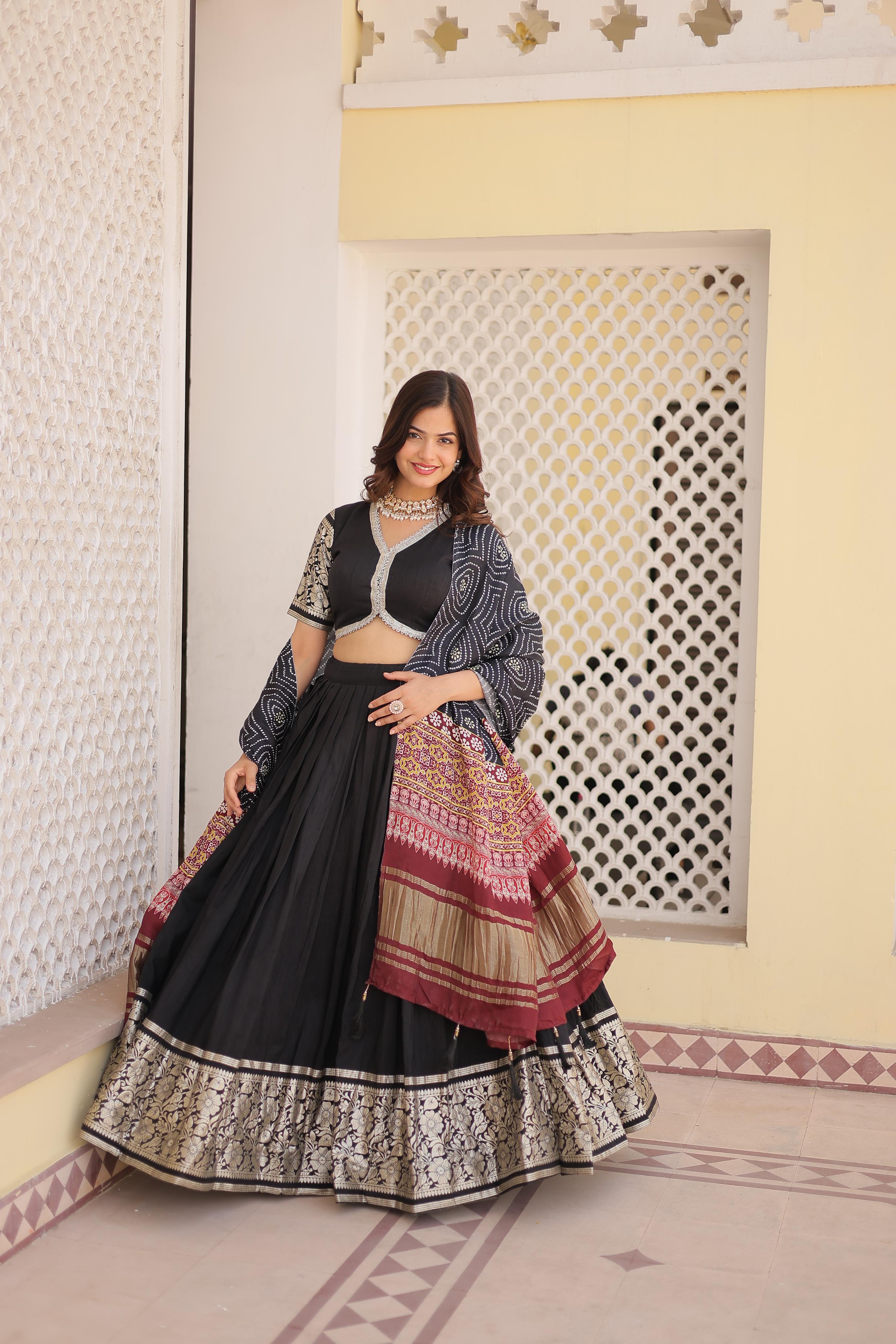 Festive Wear Black Work Lehenga Choli With Print Dupatta