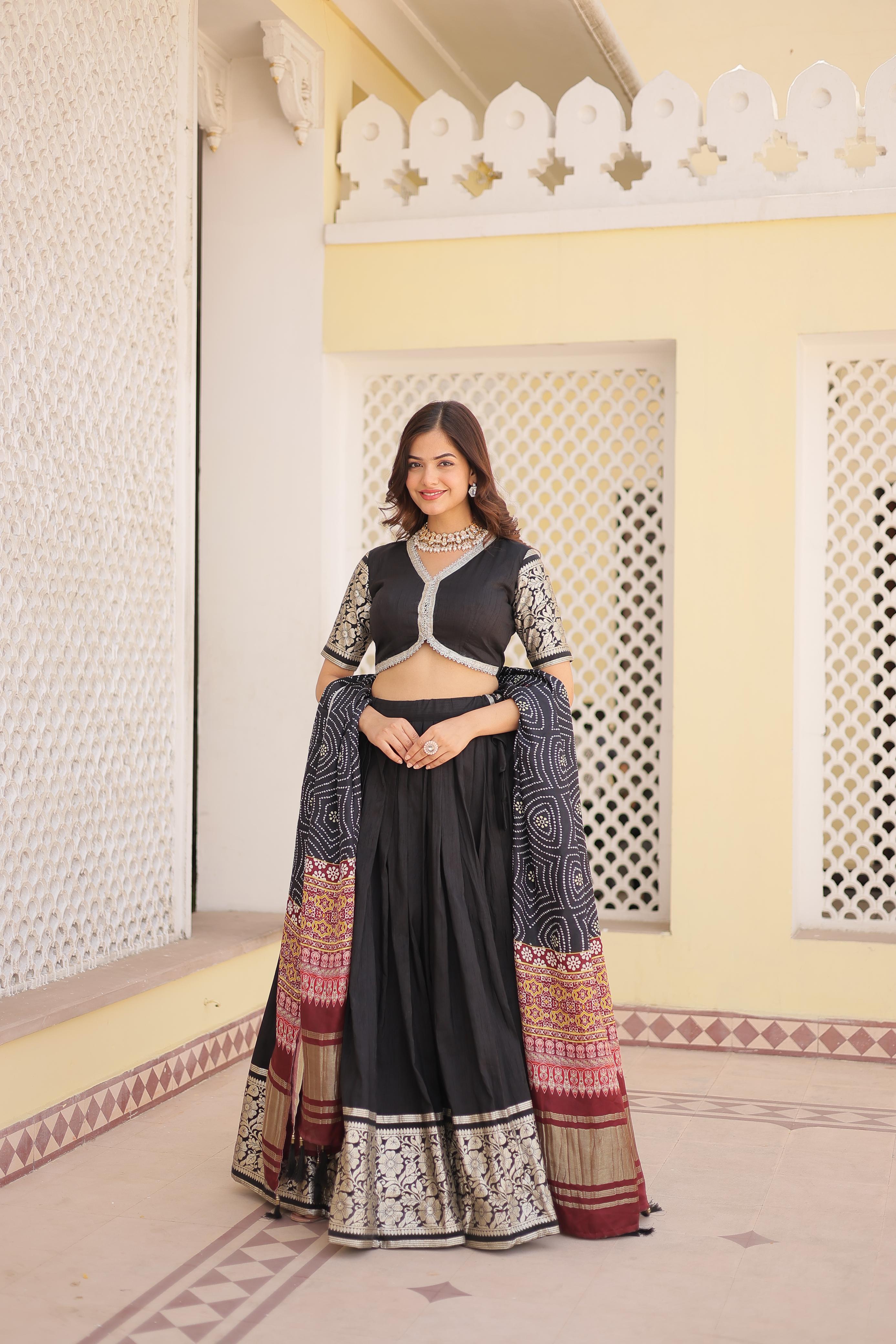 Festive Wear Black Work Lehenga Choli With Print Dupatta