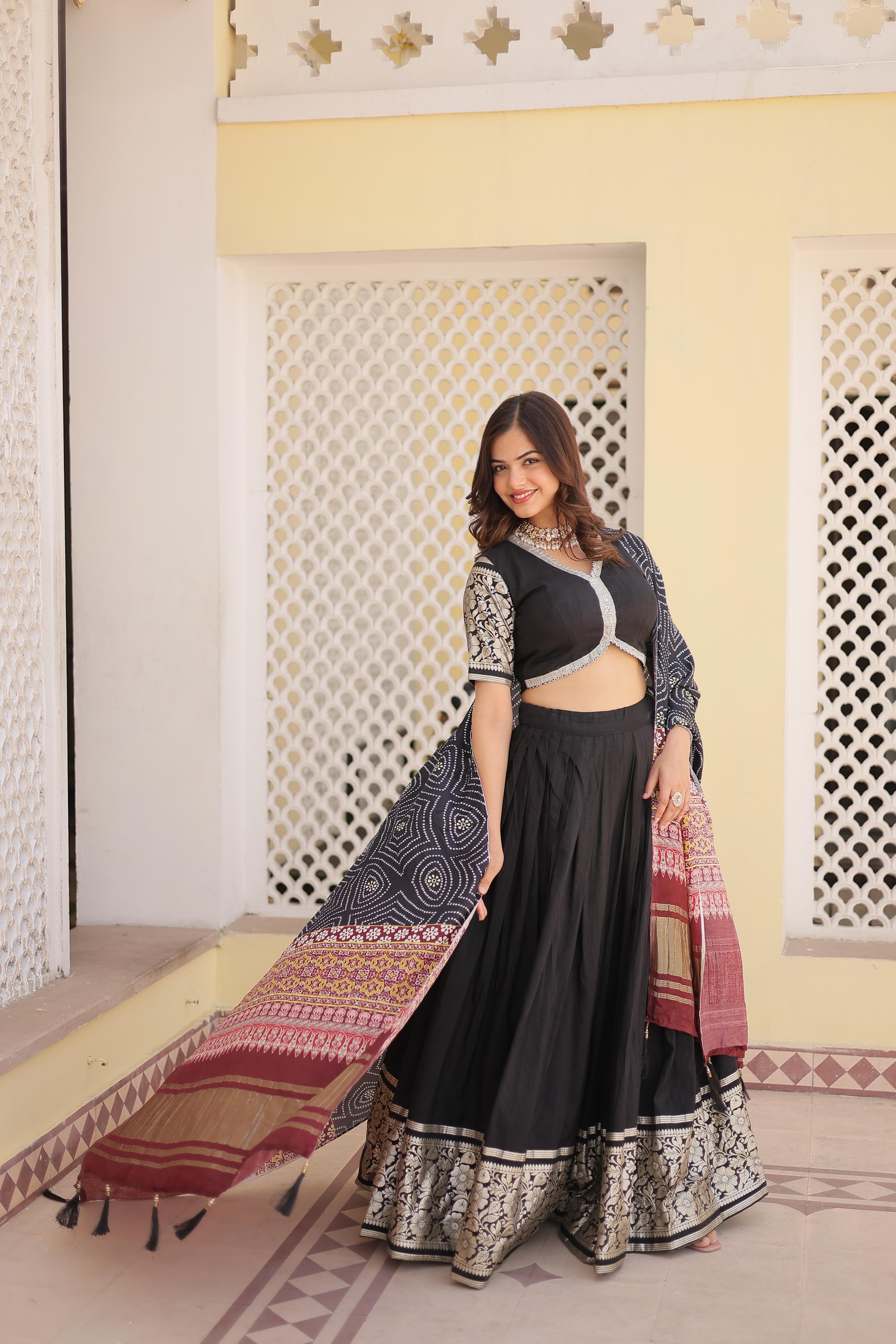 Festive Wear Black Work Lehenga Choli With Print Dupatta