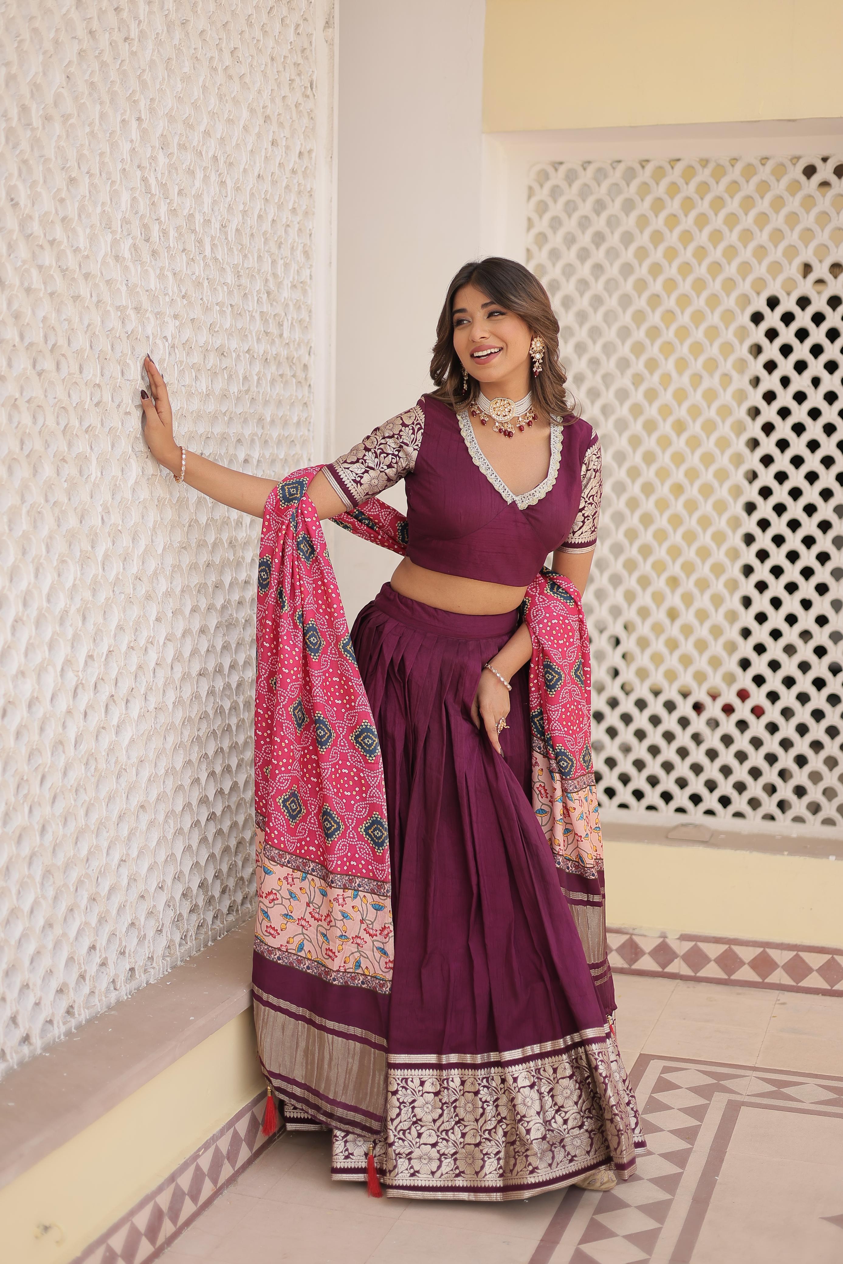 Festive Wear Wine Work Lehenga Choli With Print Dupatta