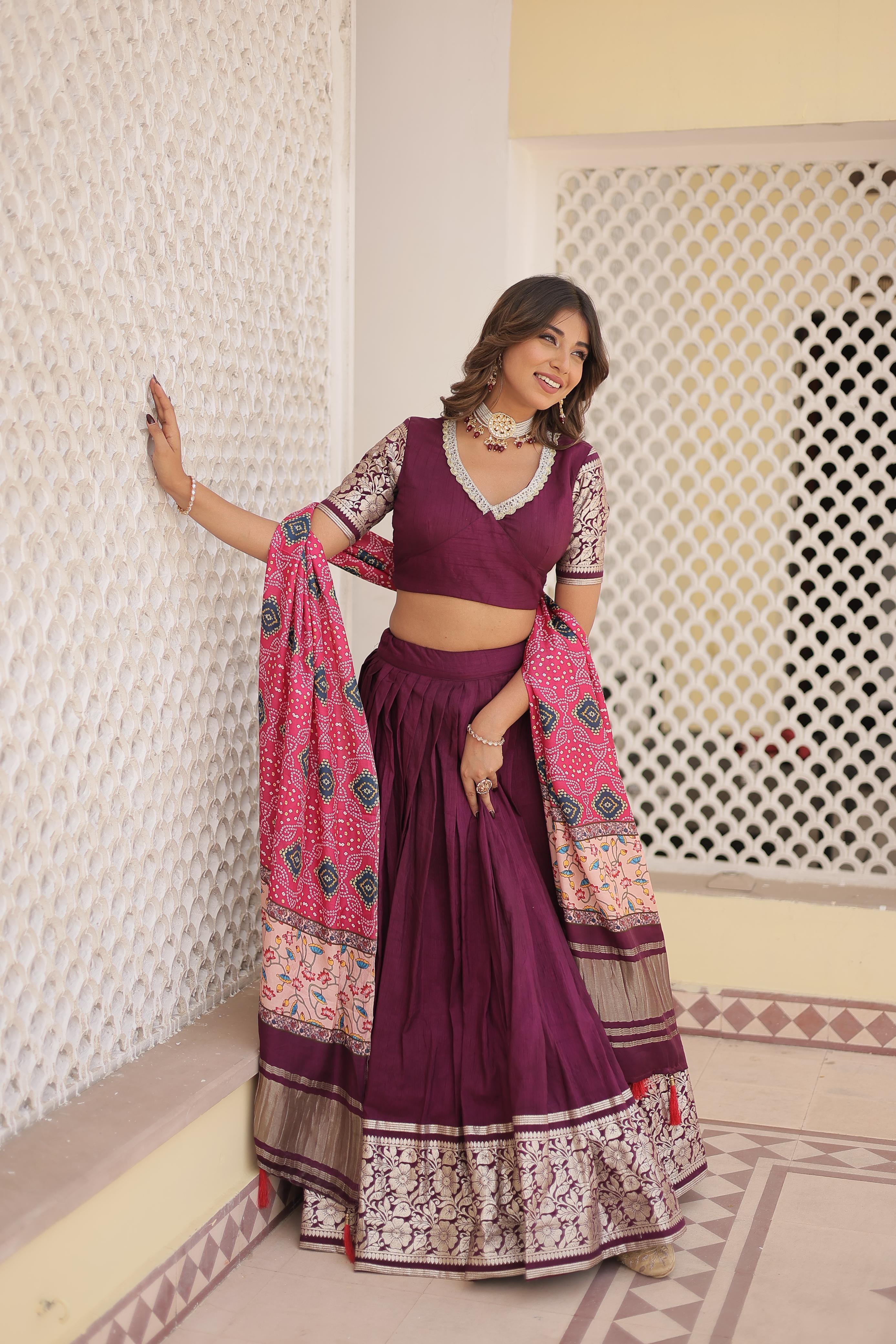 Festive Wear Wine Work Lehenga Choli With Print Dupatta