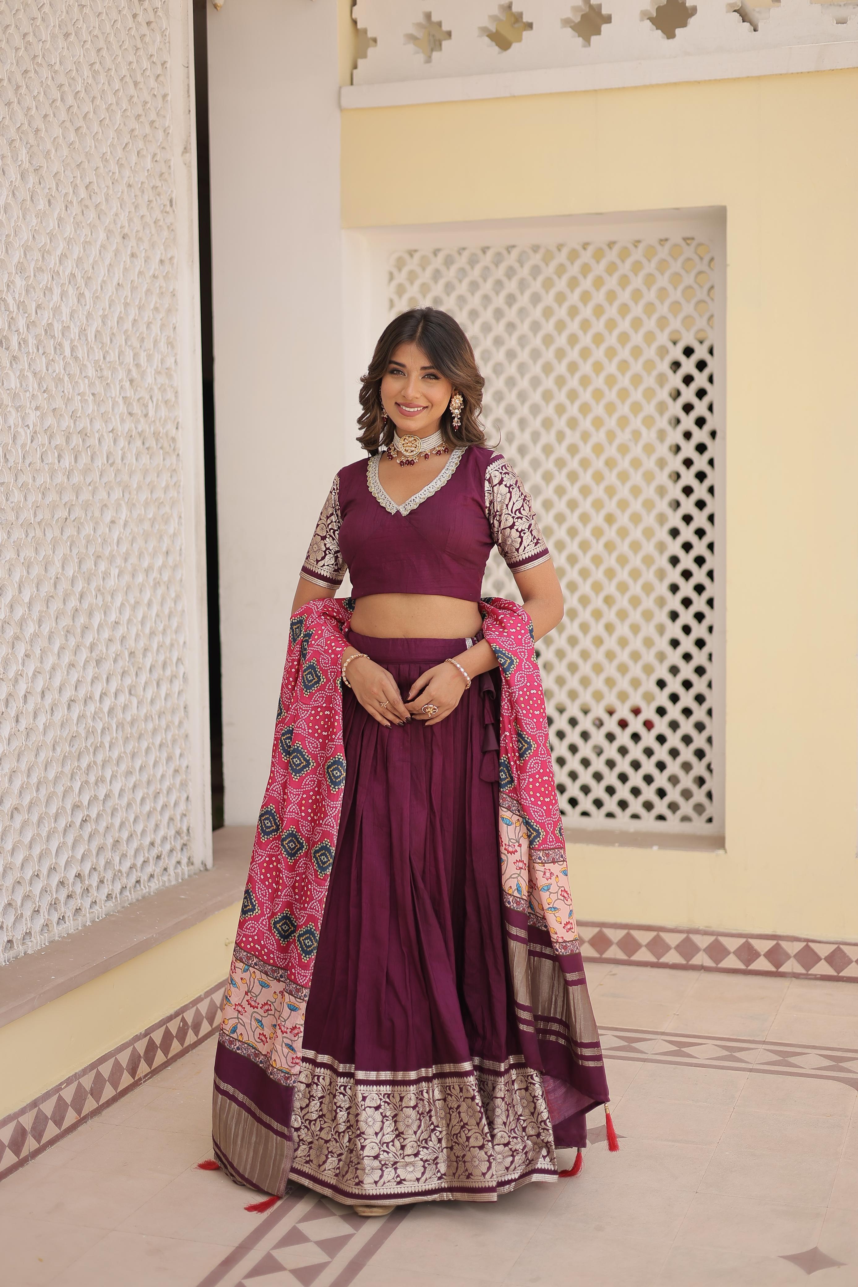 Festive Wear Wine Work Lehenga Choli With Print Dupatta