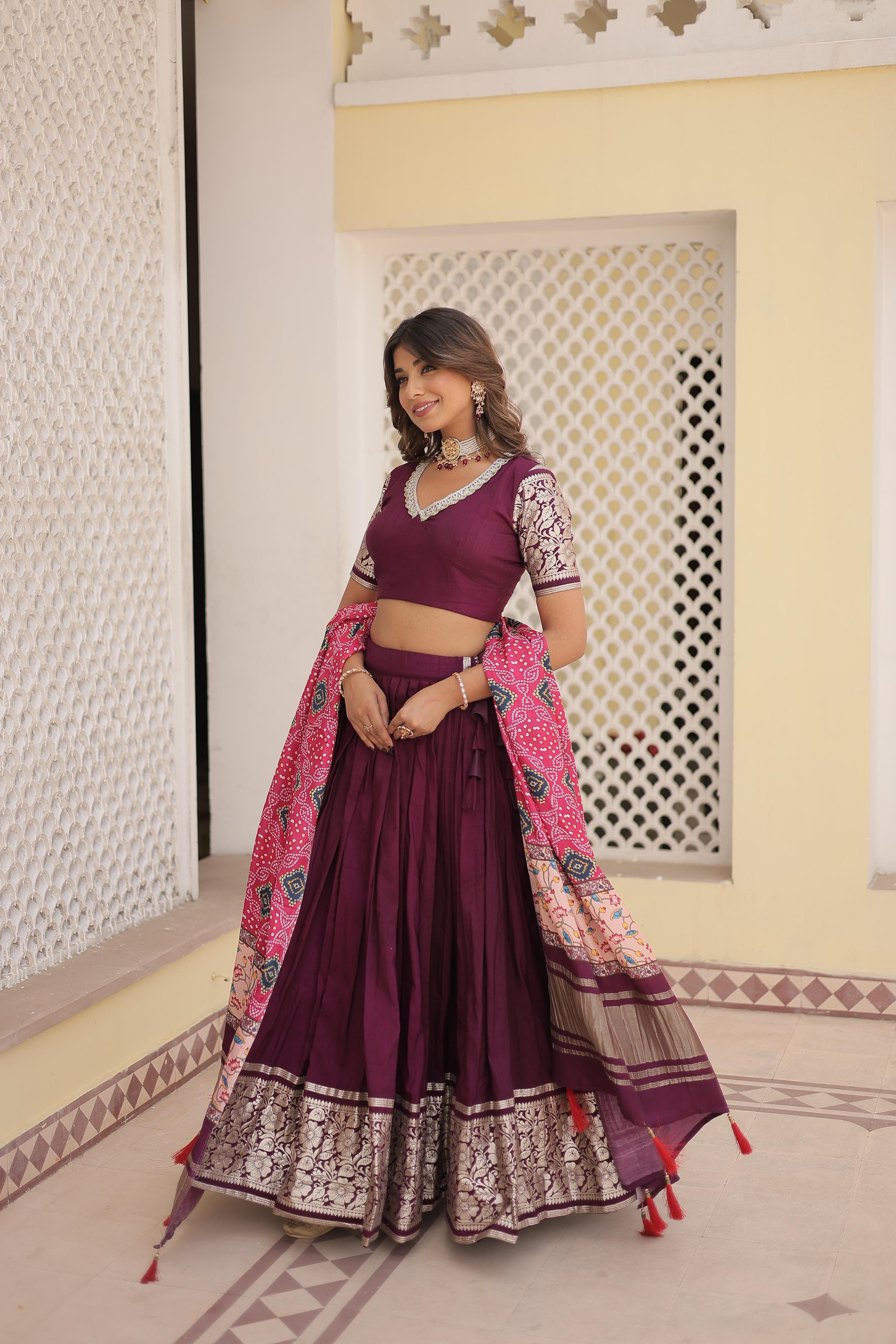 Festive Wear Wine Work Lehenga Choli With Print Dupatta