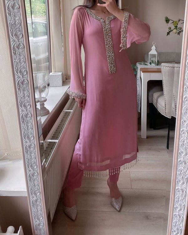 Wedding Pink Georgette Real Moti Hand Work Salwar Suit