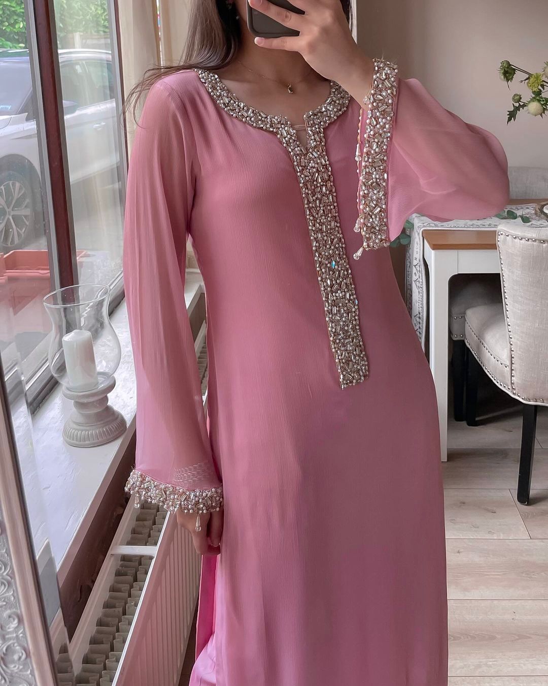 Wedding Pink Georgette Real Moti Hand Work Salwar Suit