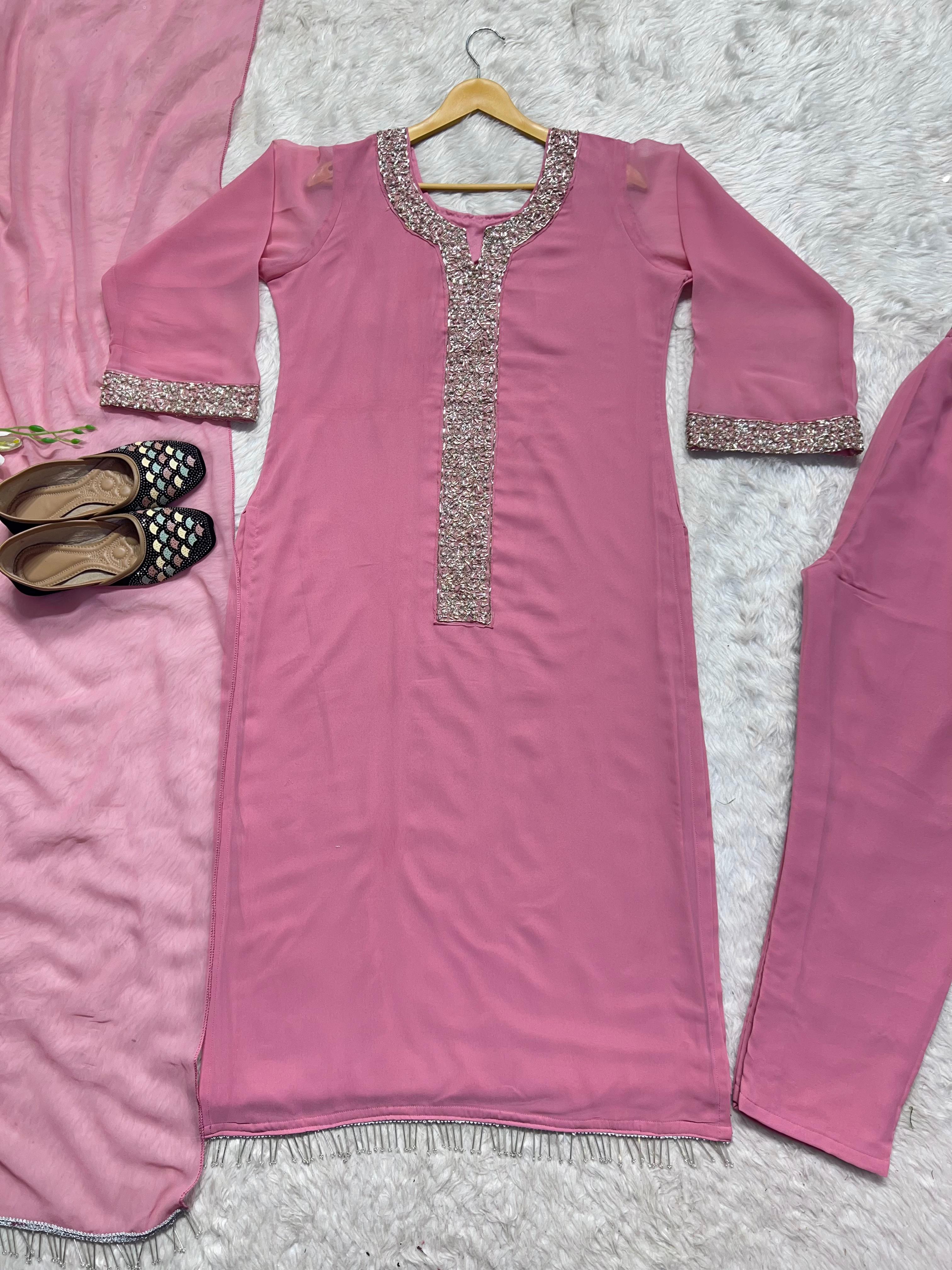 Wedding Pink Georgette Real Moti Hand Work Salwar Suit