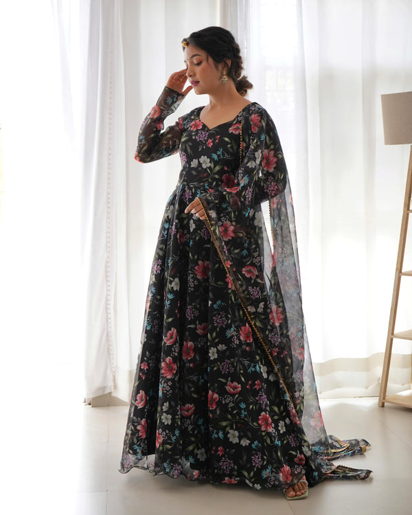 Festivals Black Color Flower Organza Anarkali Suit