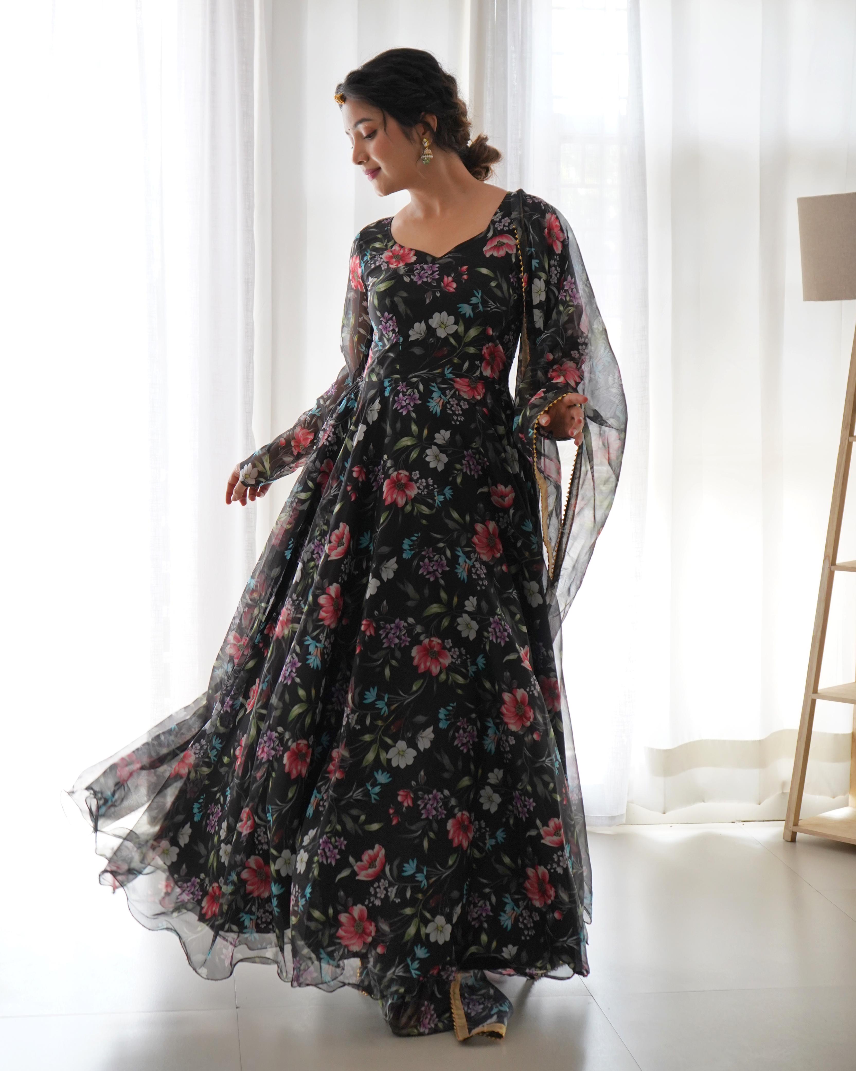 Festivals Black Color Flower Organza Anarkali Suit