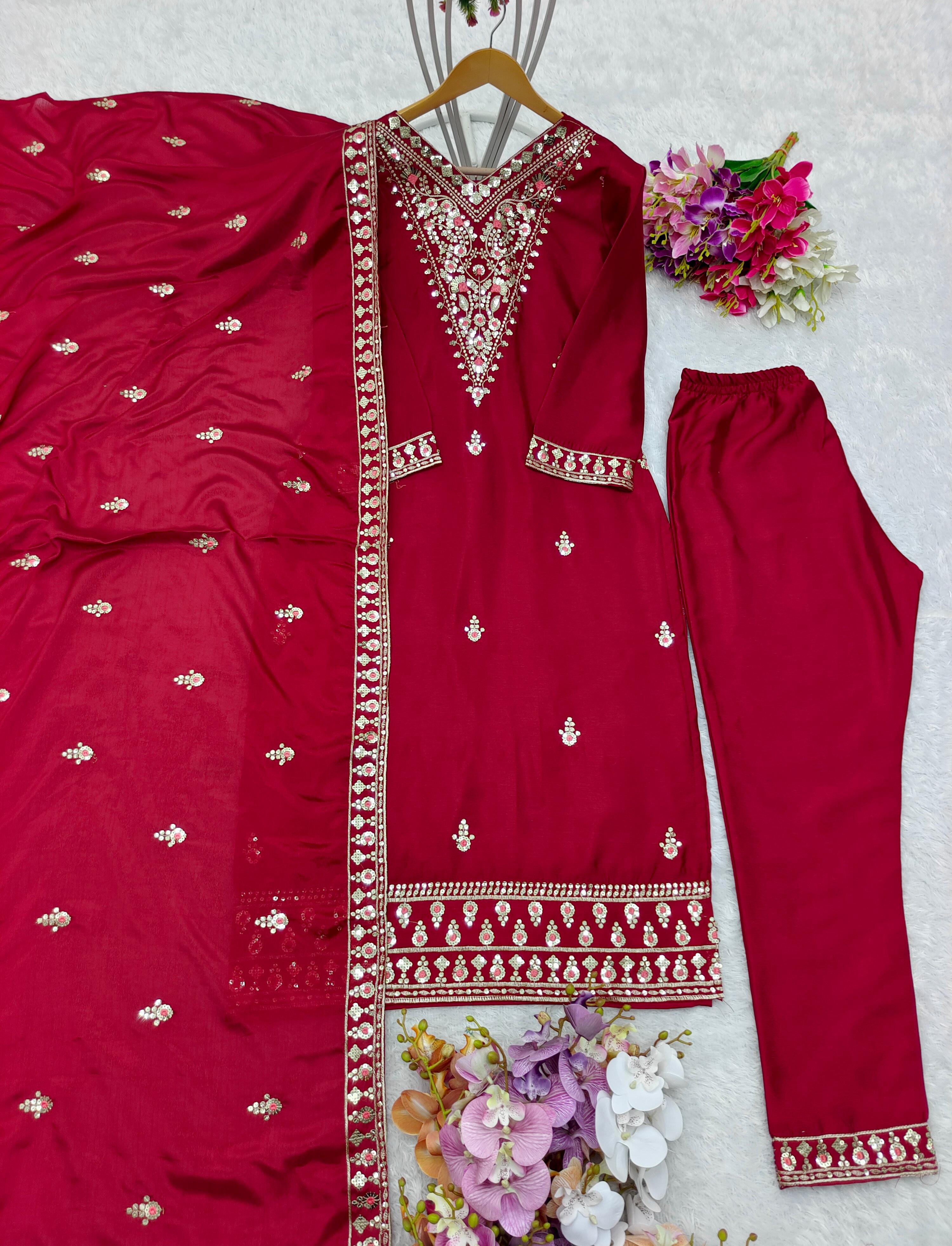 Amazing Sequence Embroidery Work Red Color Salwar Suit