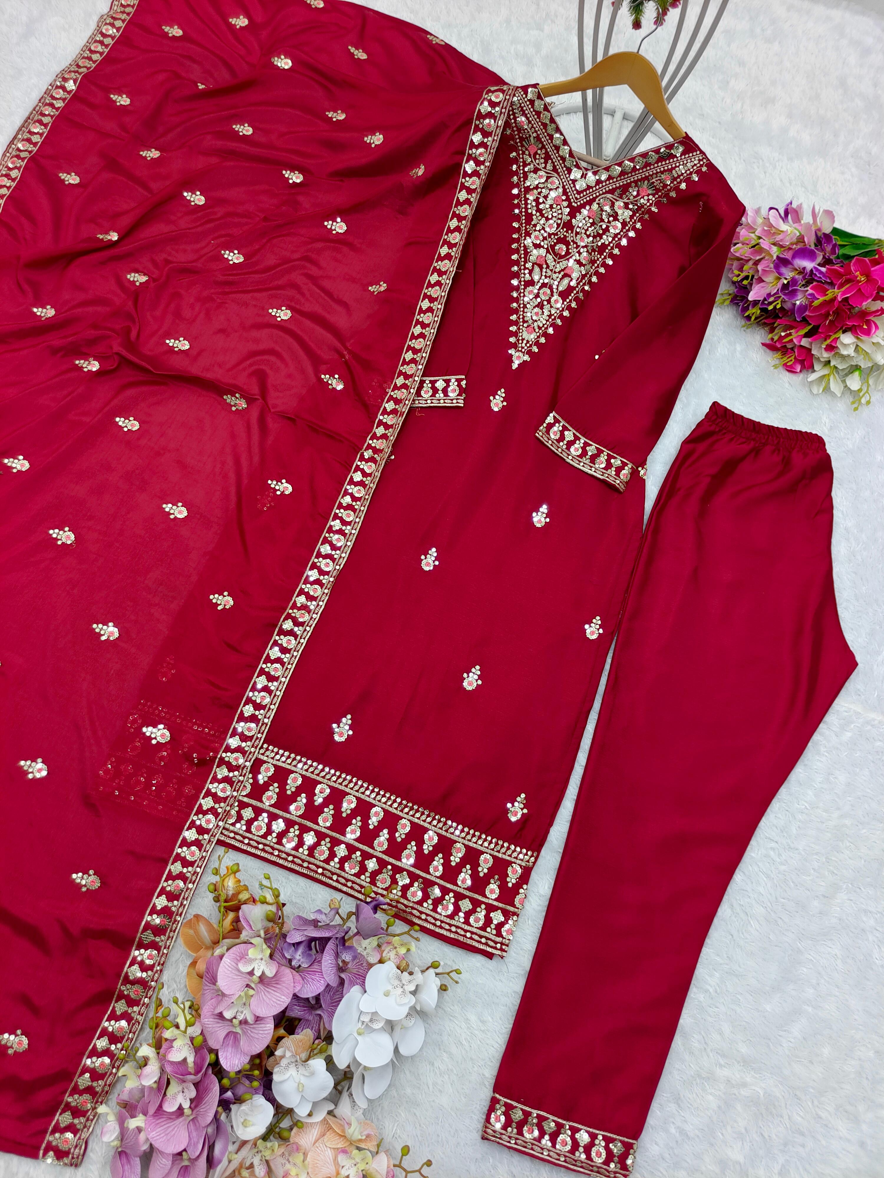 Amazing Sequence Embroidery Work Red Color Salwar Suit