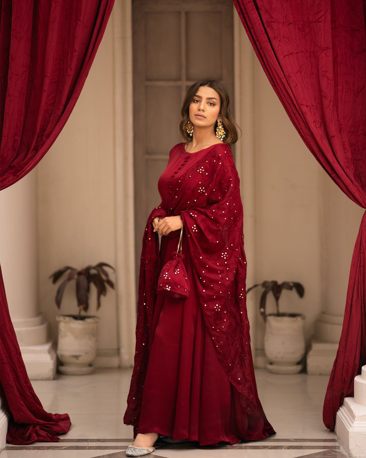 Party Wear Maroon Anarkali Suit With Work Dupatta