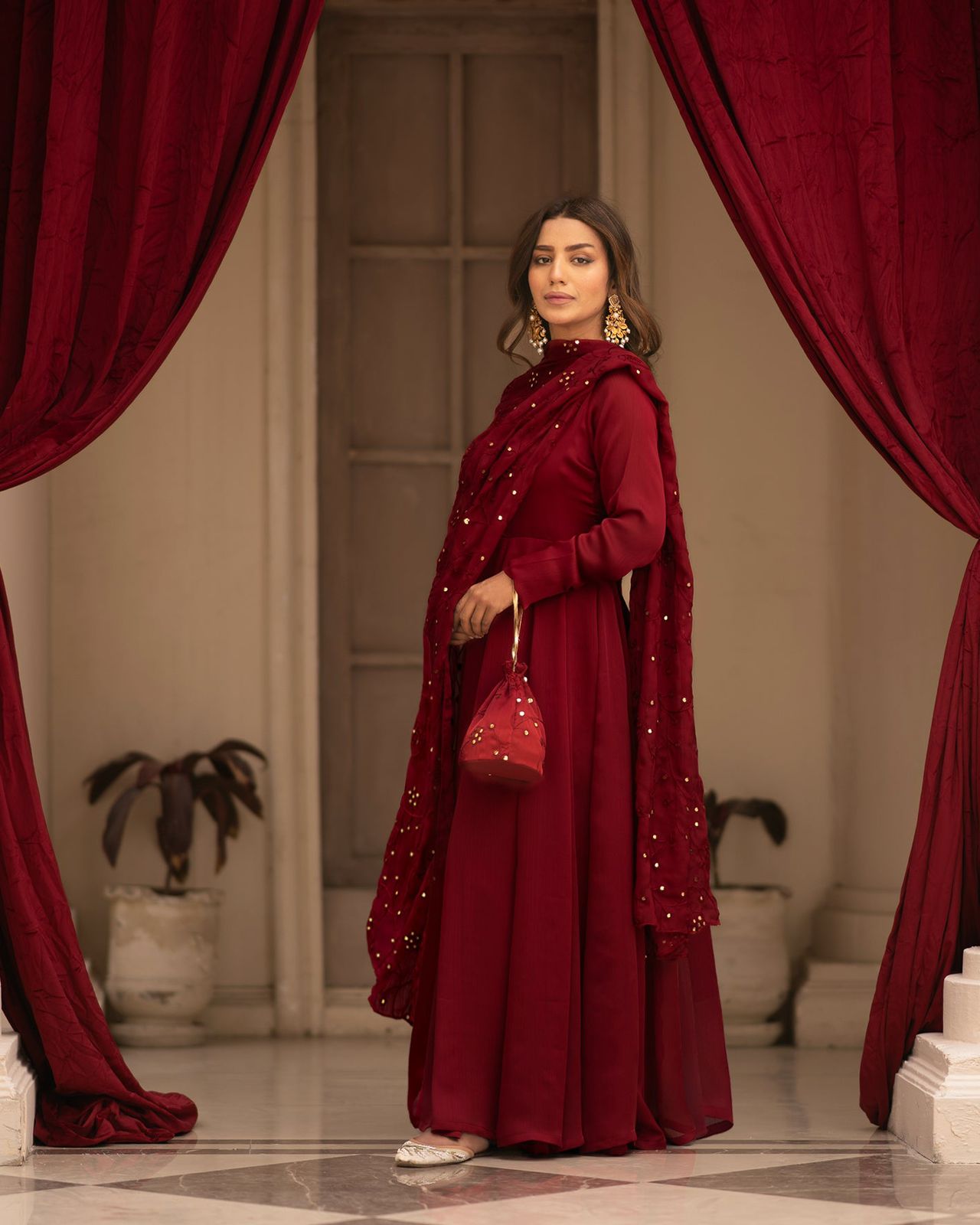 Party Wear Maroon Anarkali Suit With Work Dupatta