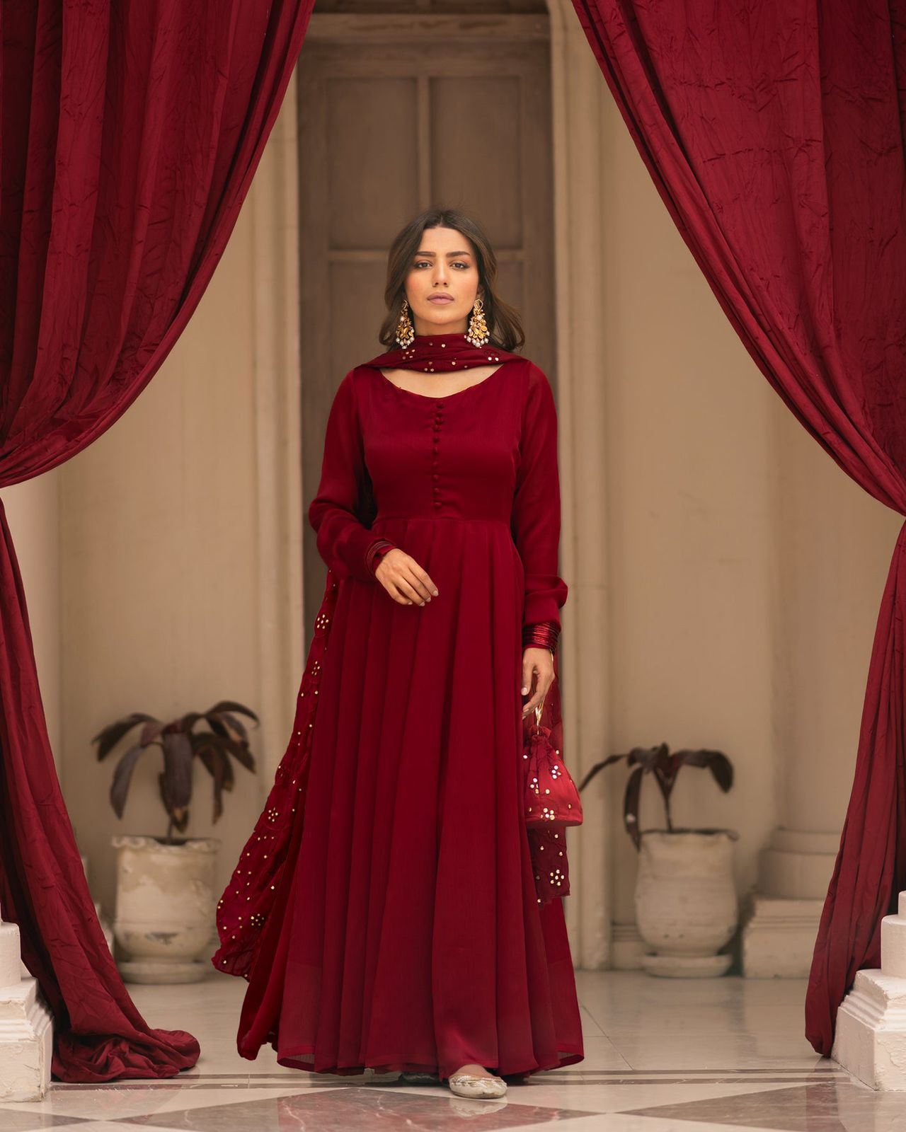 Party Wear Maroon Anarkali Suit With Work Dupatta