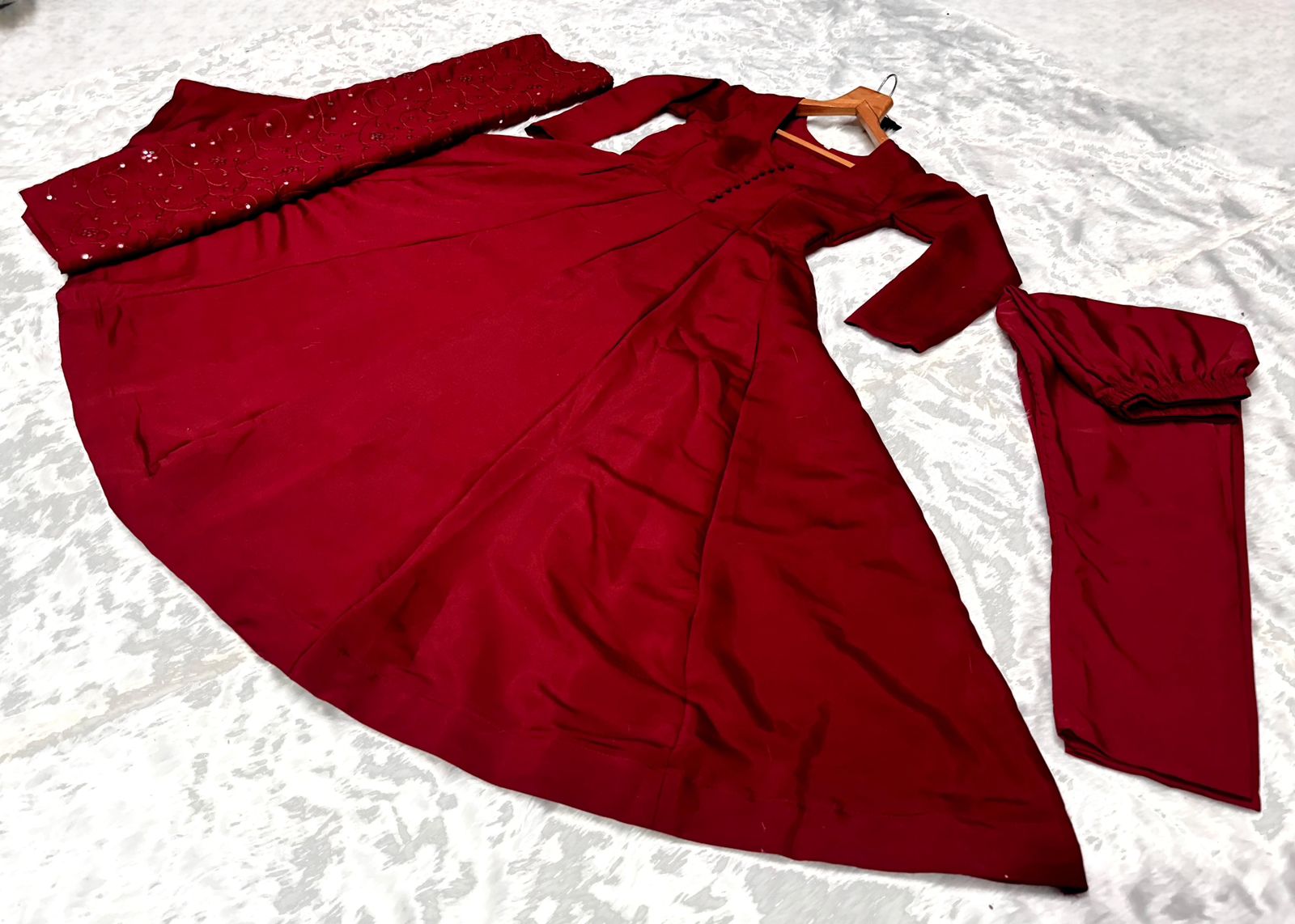 Party Wear Maroon Anarkali Suit With Work Dupatta