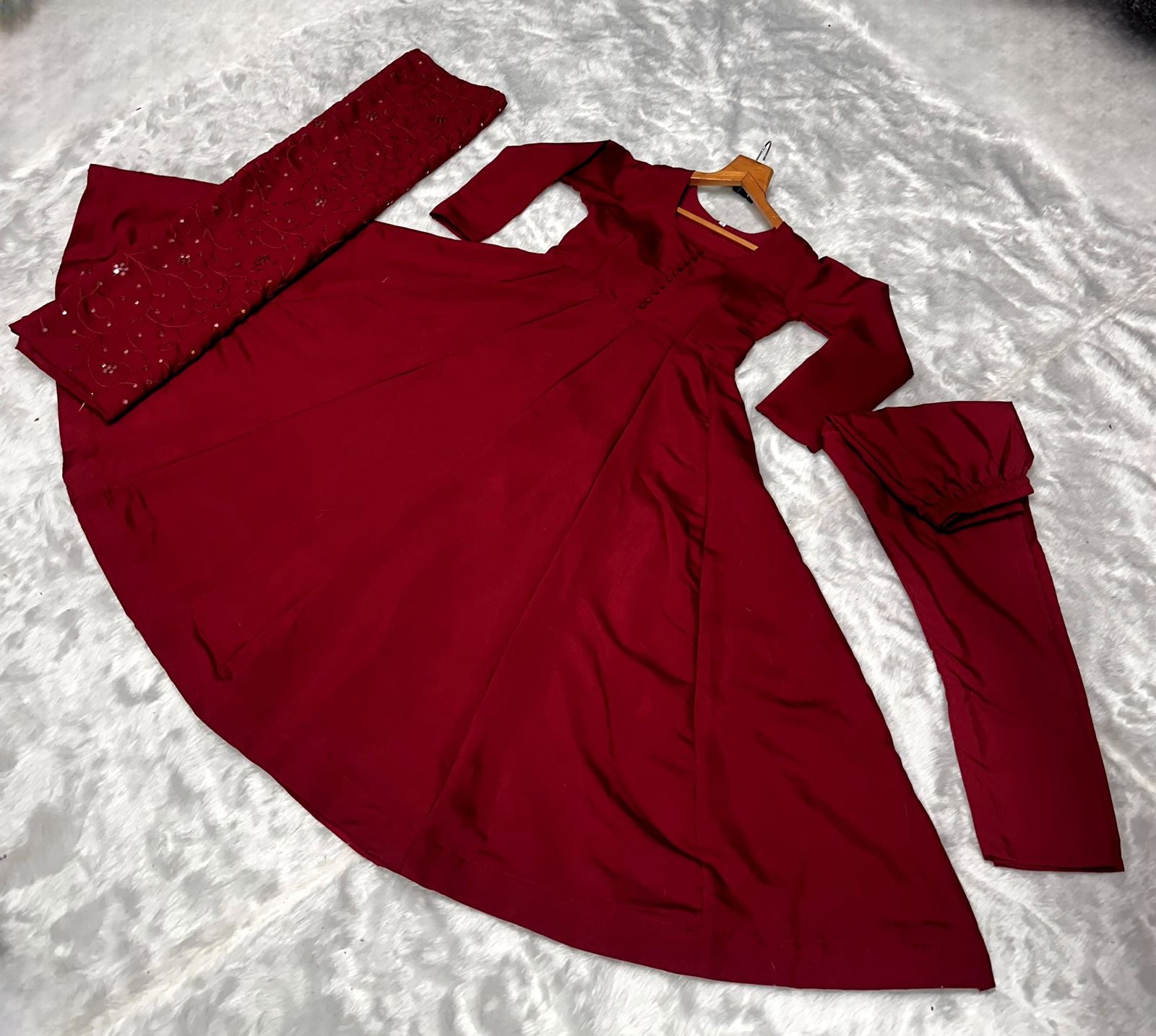 Party Wear Maroon Anarkali Suit With Work Dupatta