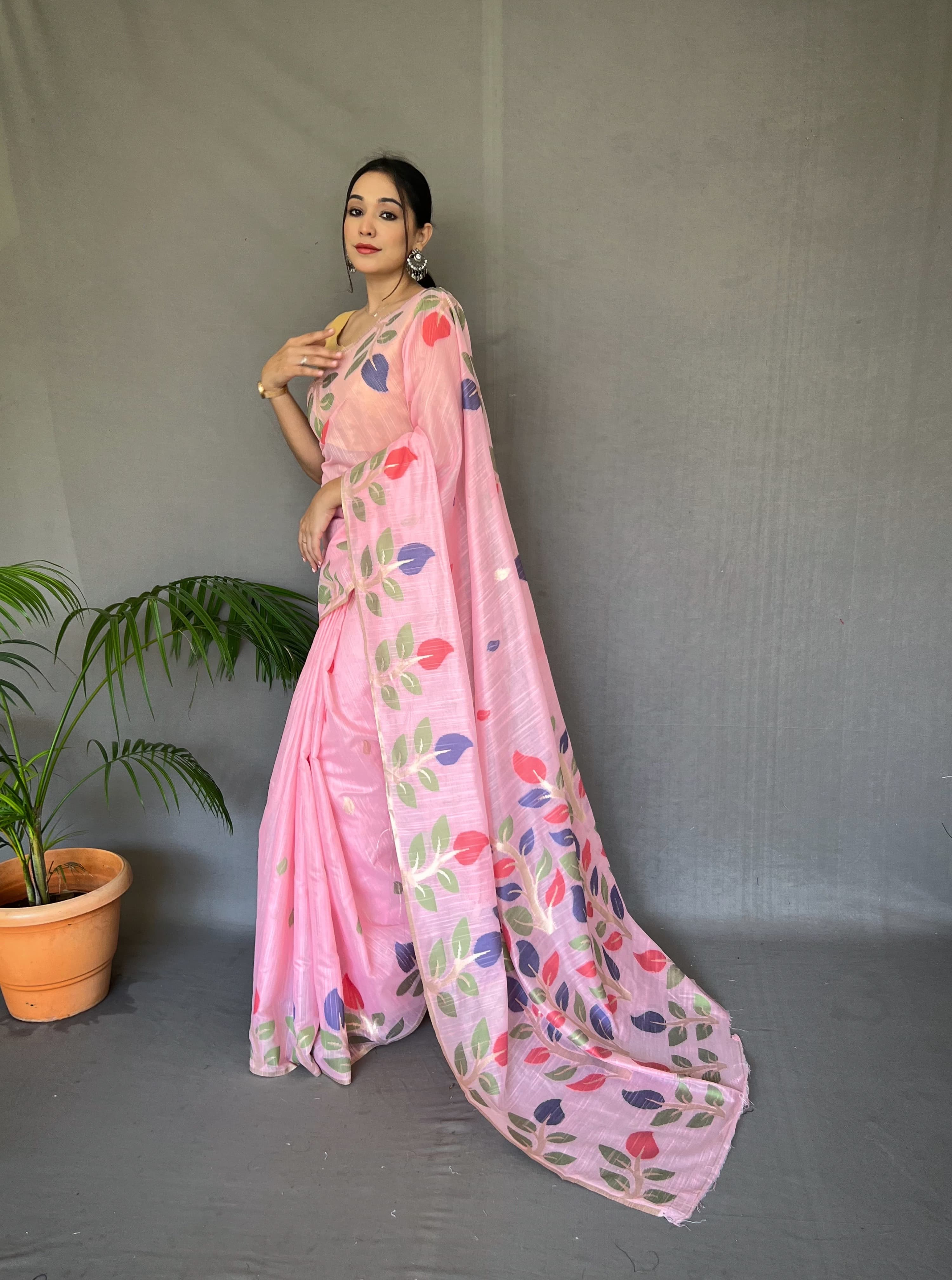 Beautiful Pink Color Printed Linen Saree With Meenakari Work