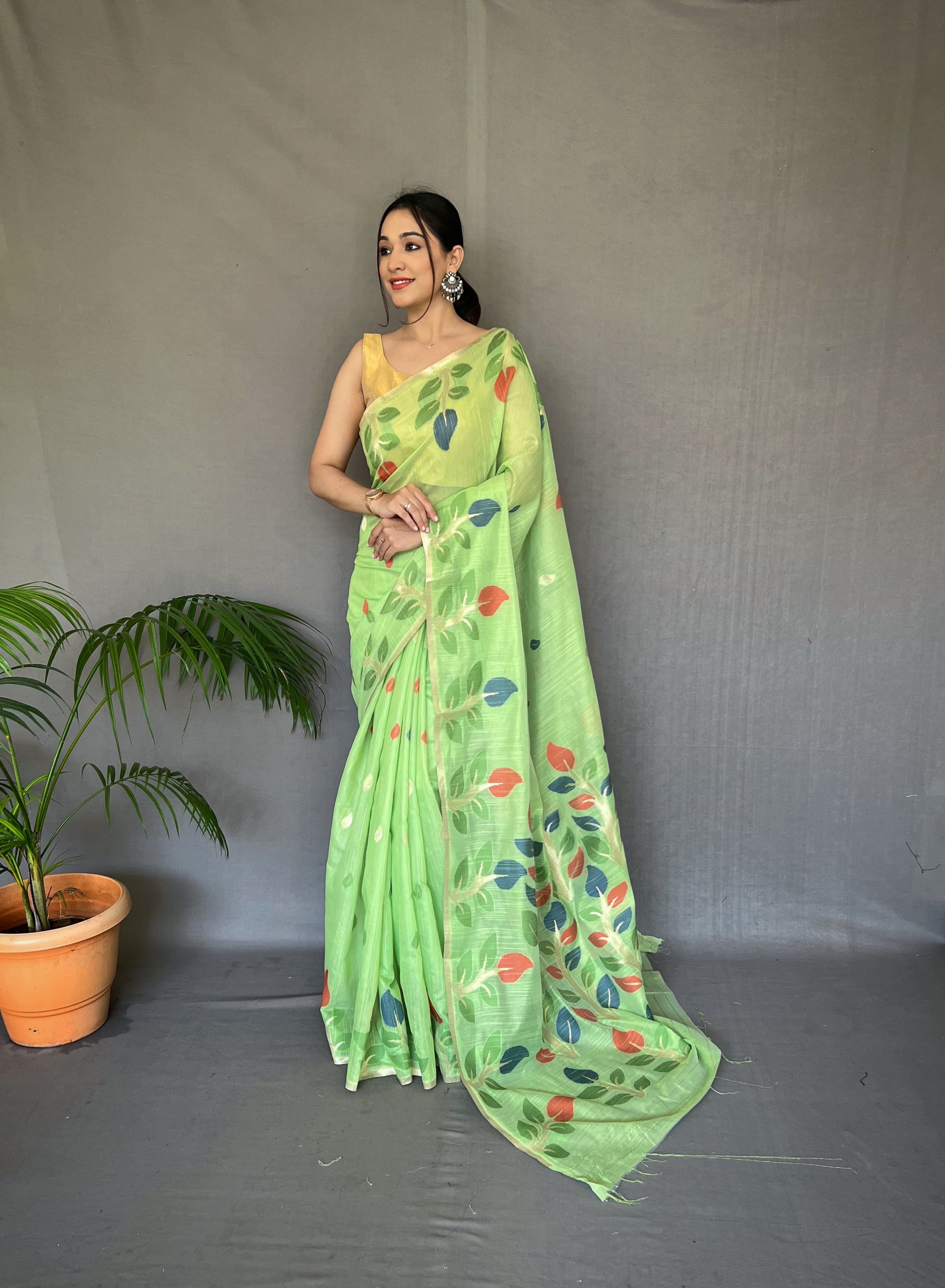 Beautiful Green Color Printed Linen Saree With Meenakari Work