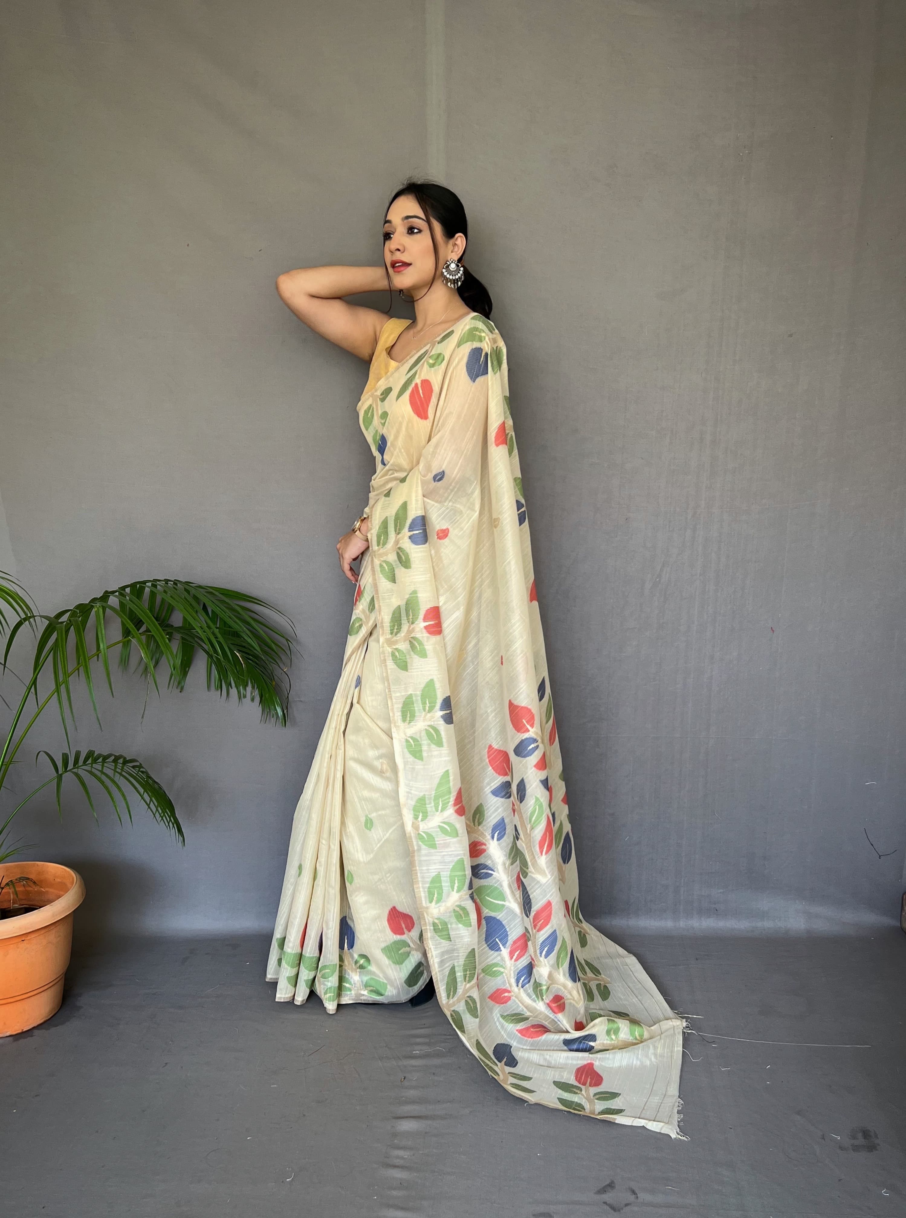 Beautiful Cream Color Printed Linen Saree With Meenakari Work