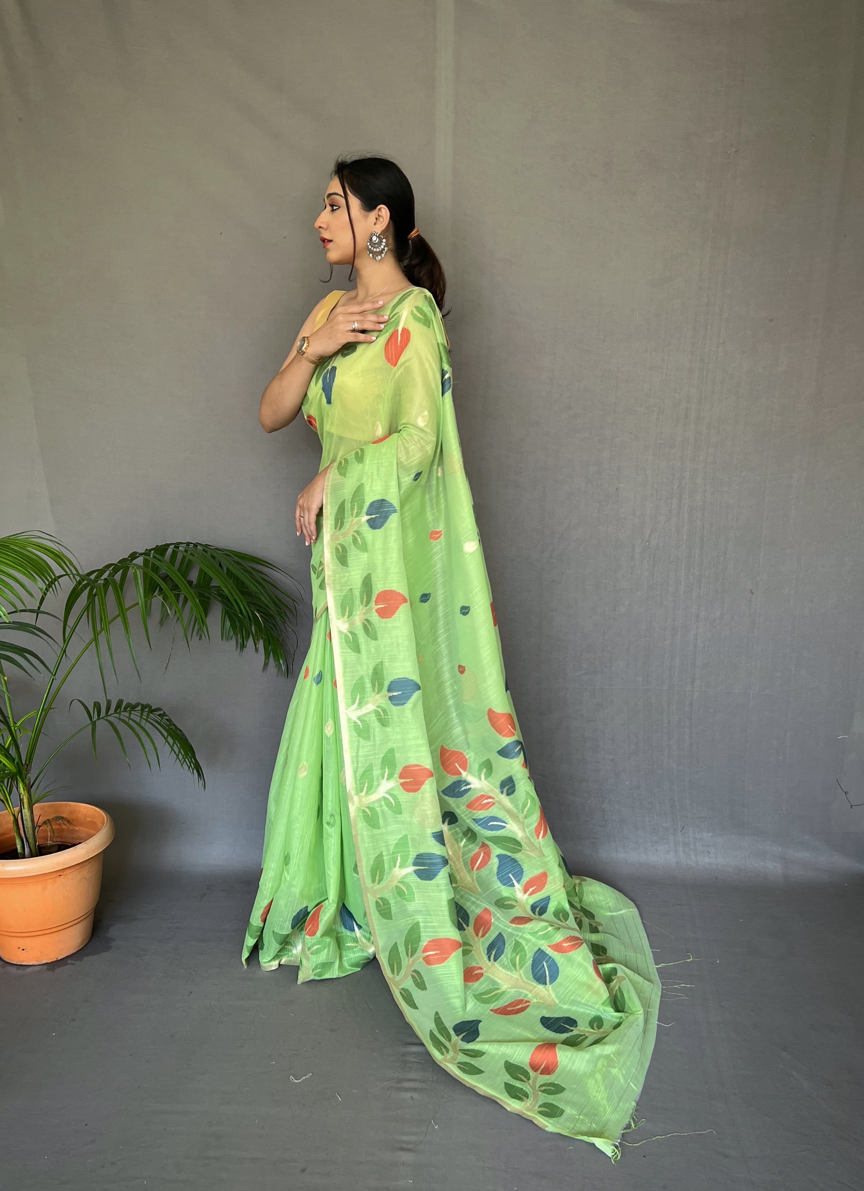 Beautiful Green Color Printed Linen Saree With Meenakari Work