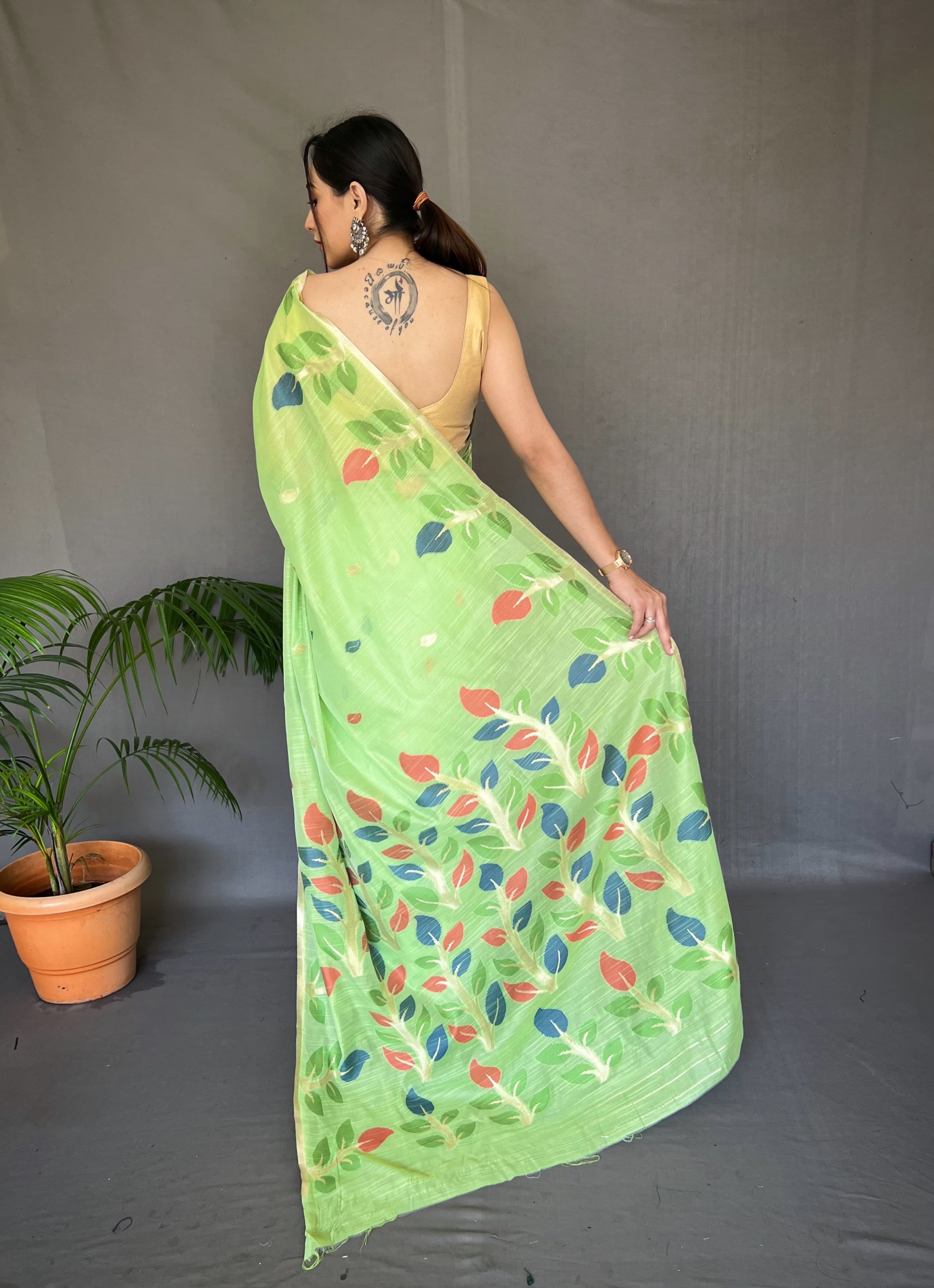 Beautiful Green Color Printed Linen Saree With Meenakari Work