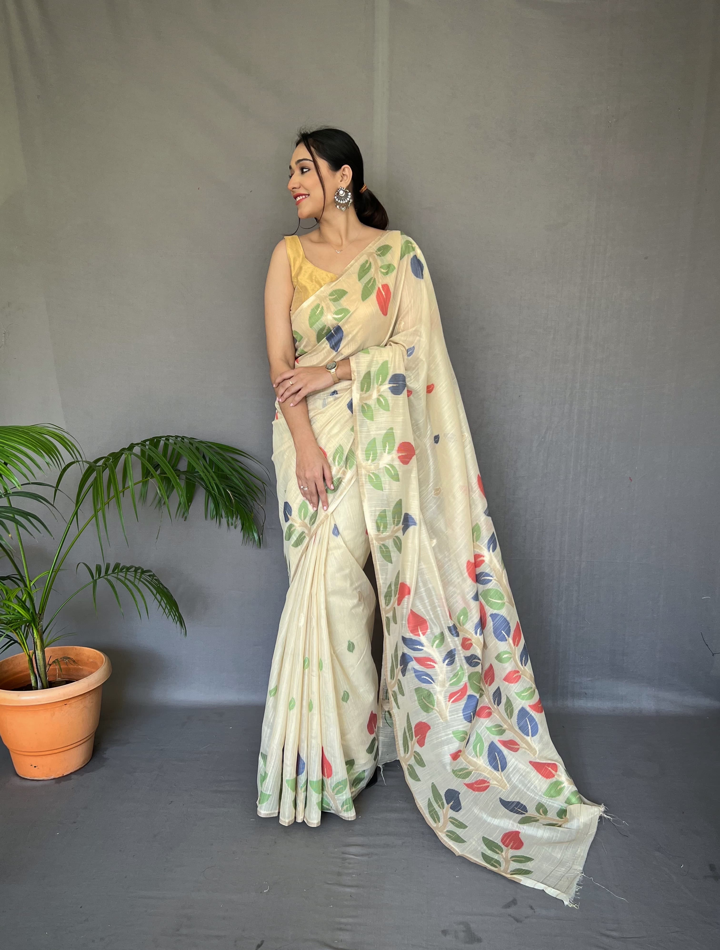 Beautiful Cream Color Printed Linen Saree With Meenakari Work