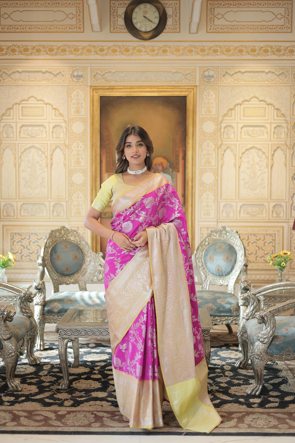 Presenting Heavy Border Pink Color Kanjivaram Silk Saree