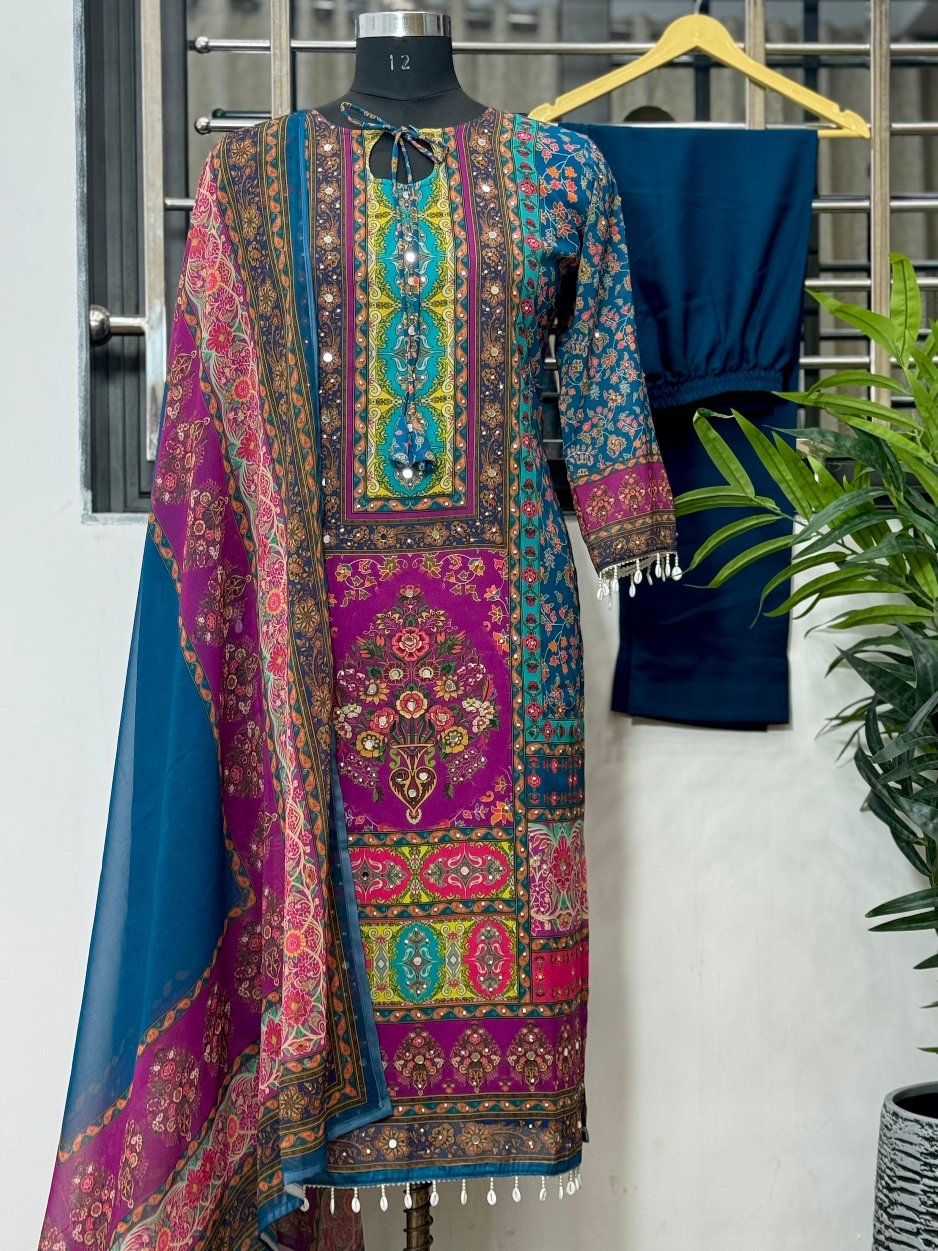 Stunning Blue Georgette Digital Printed Mirror Handwork Salwar Suit