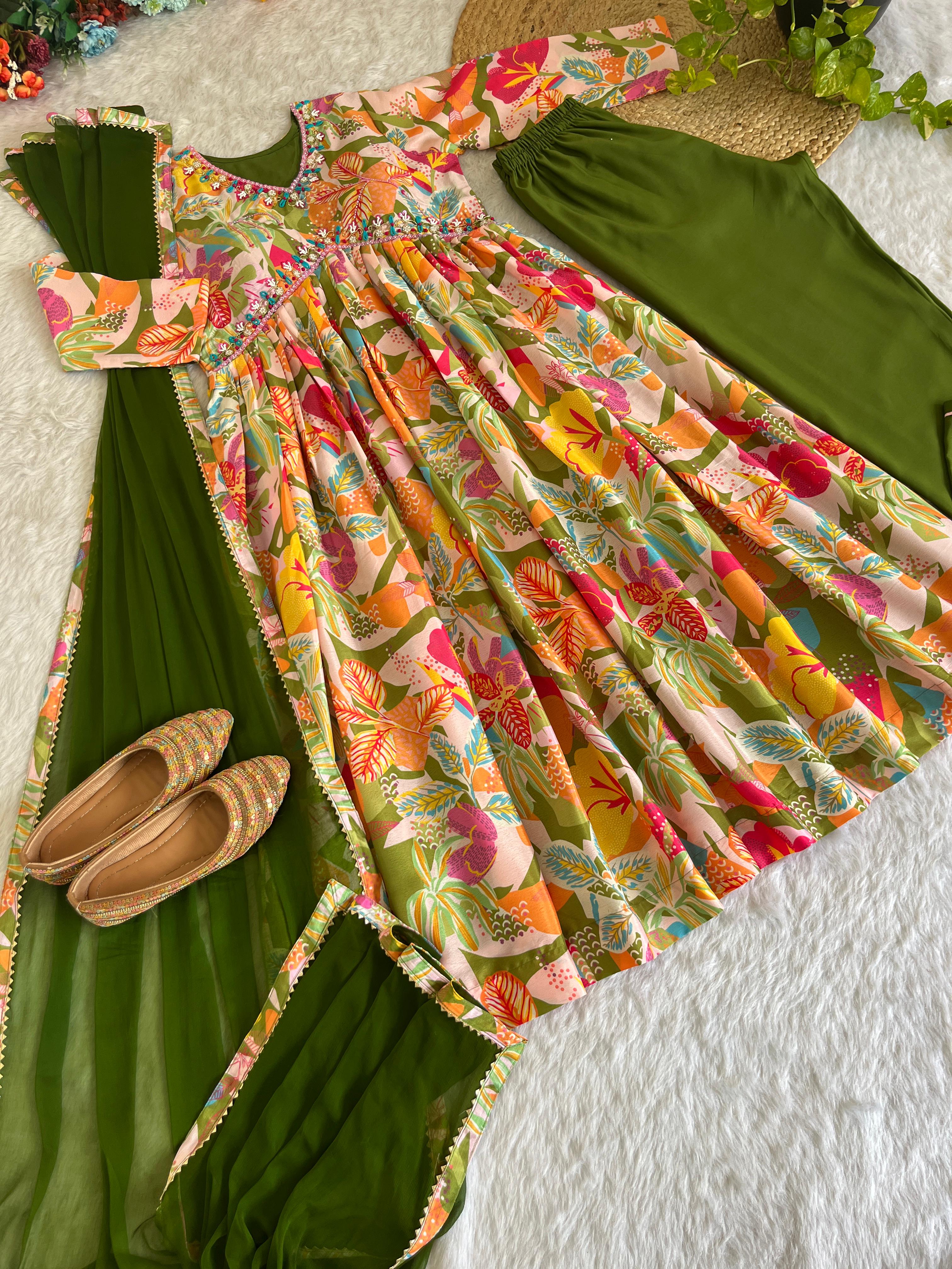 Multi Thread With Flower Printed Alia Cut Anarkali Set