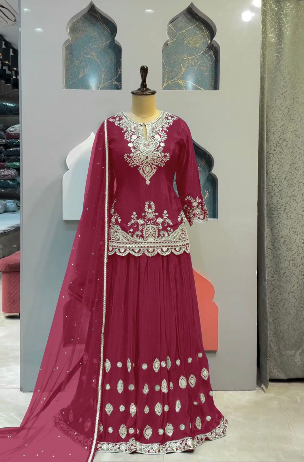 Designer Pink Color Heavy Pure Chinon Silk Embroidery Work Sharara Suit