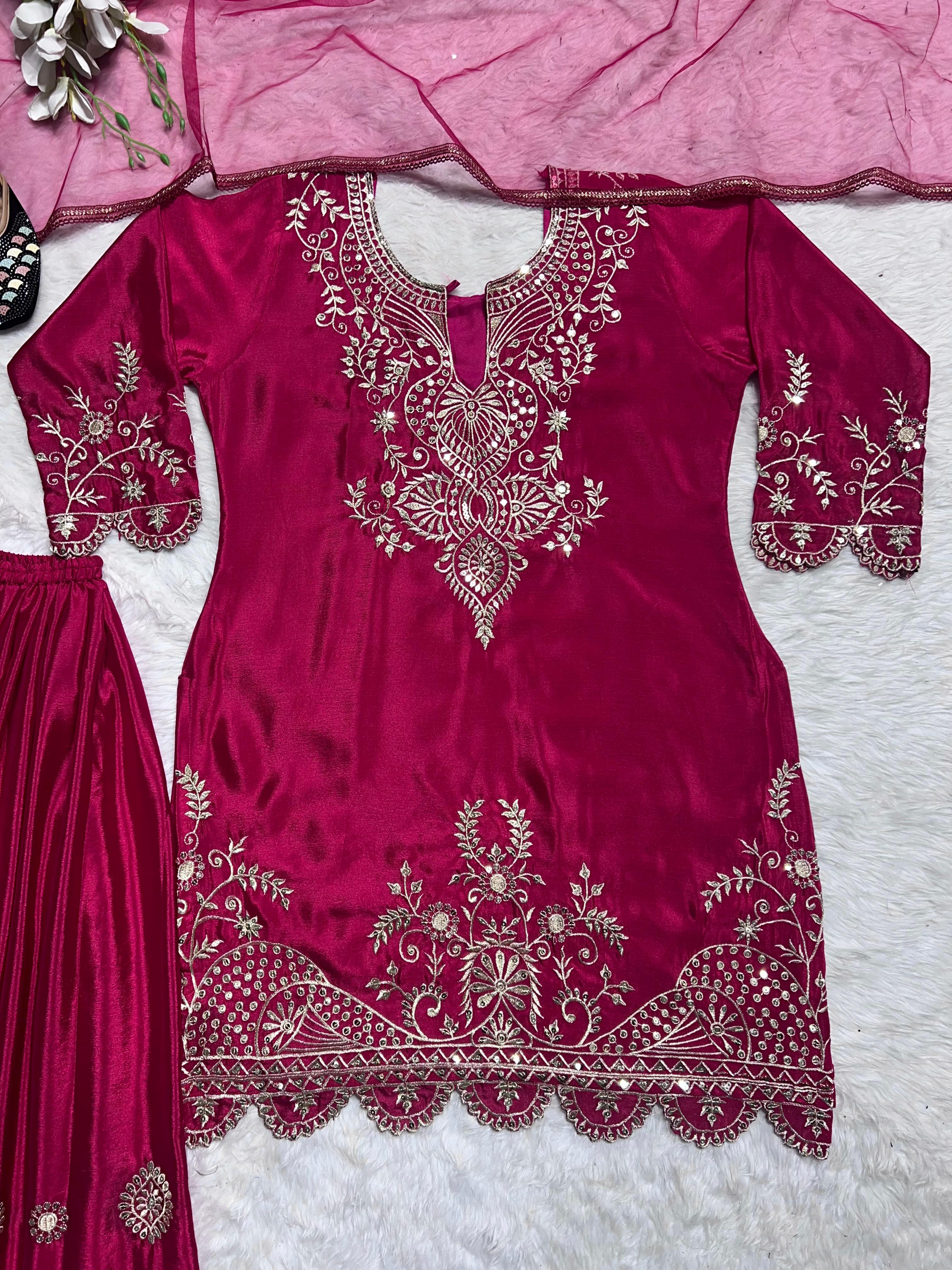 Designer Pink Color Heavy Pure Chinon Silk Embroidery Work Sharara Suit