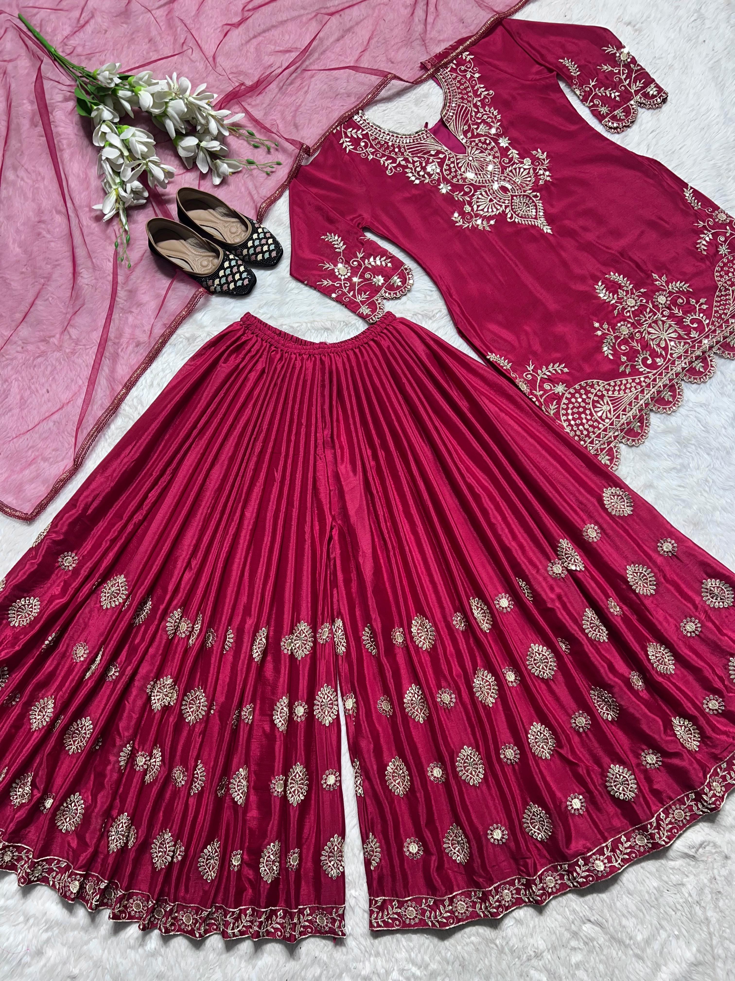 Designer Pink Color Heavy Pure Chinon Silk Embroidery Work Sharara Suit