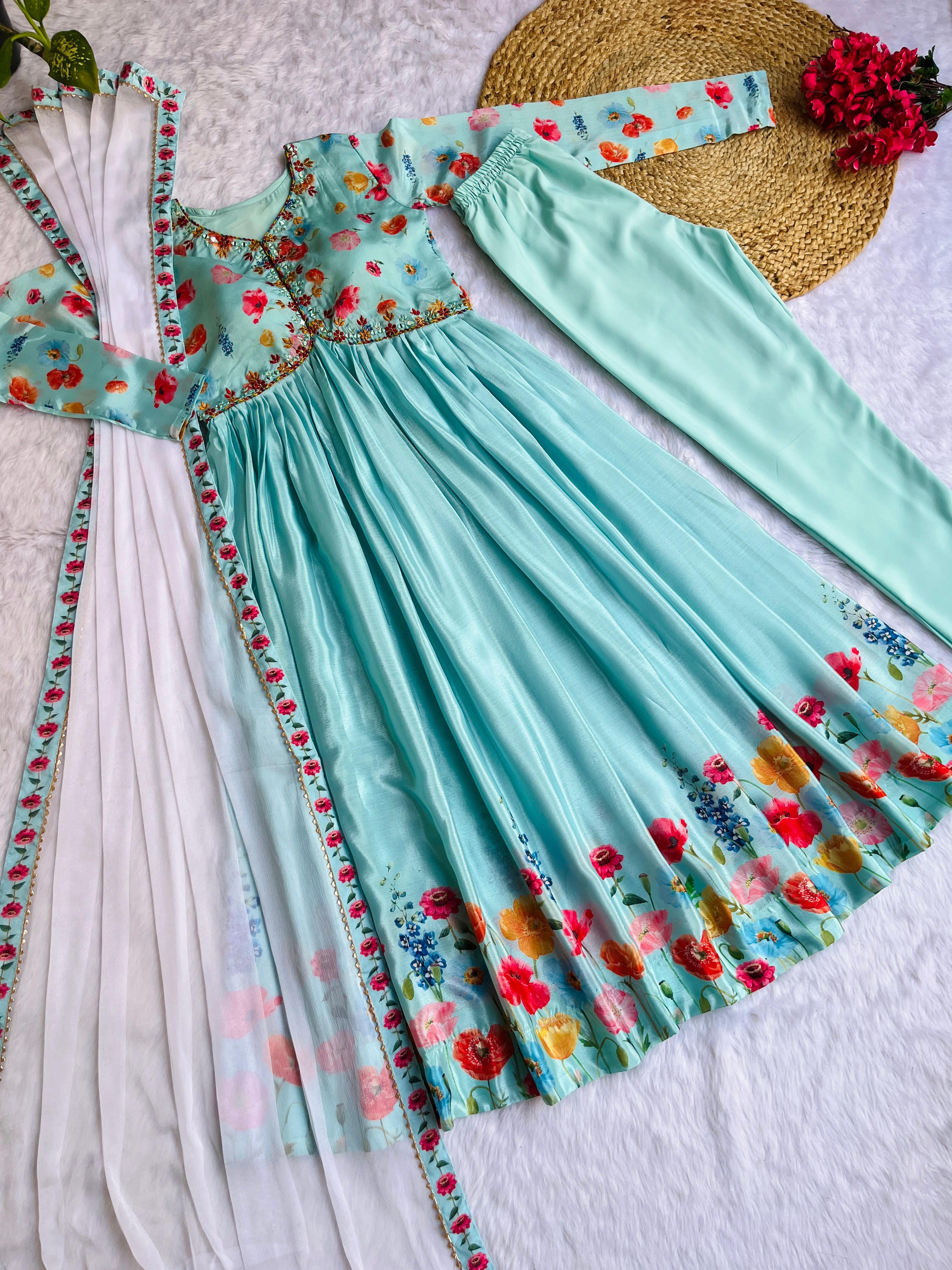 Aqua Blue Color Superhit Multi Printed Anarkali Suit