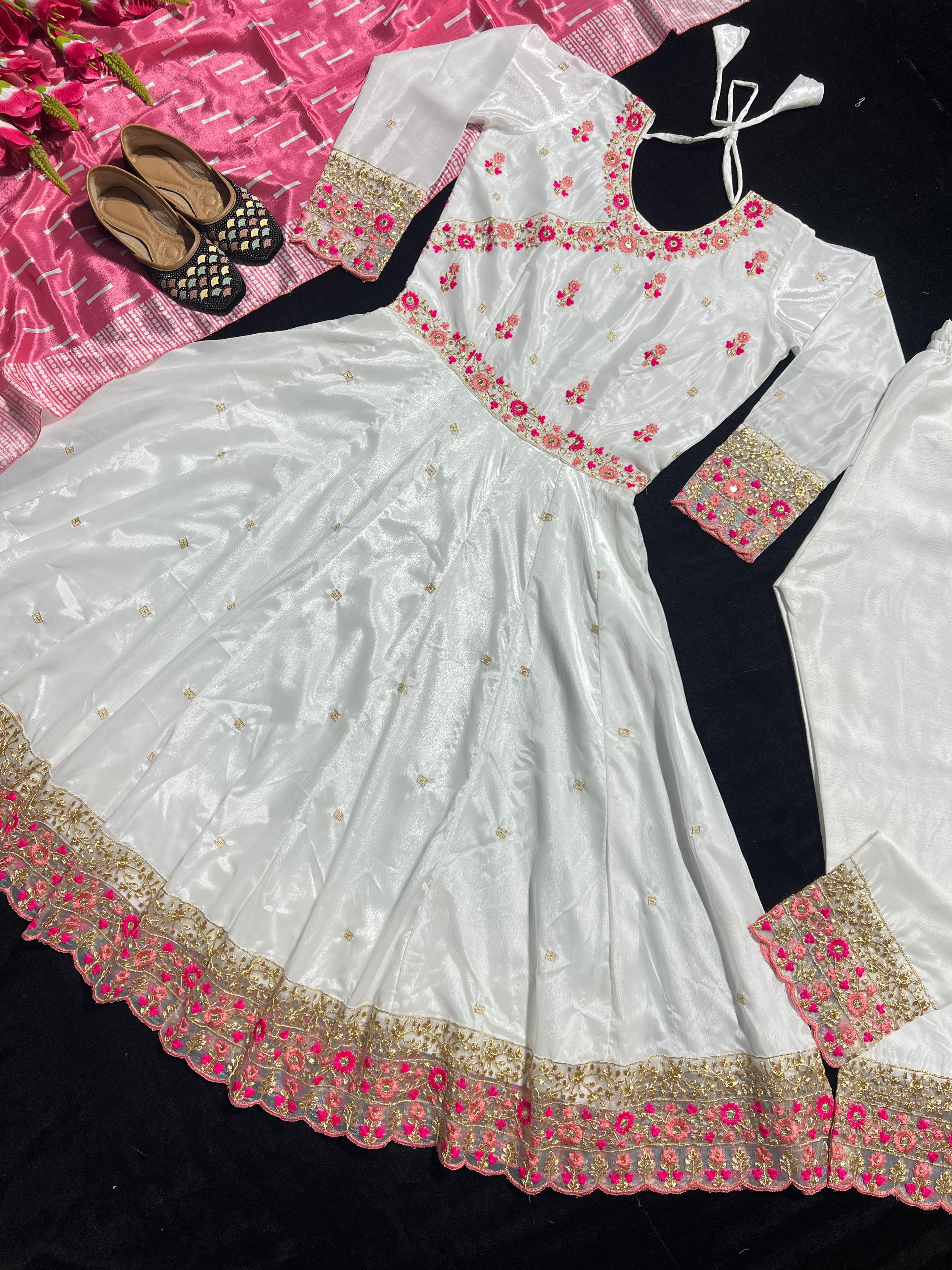 Festive Wear White Color Gown in Chinon With 5mm Sequence Embroidery Work