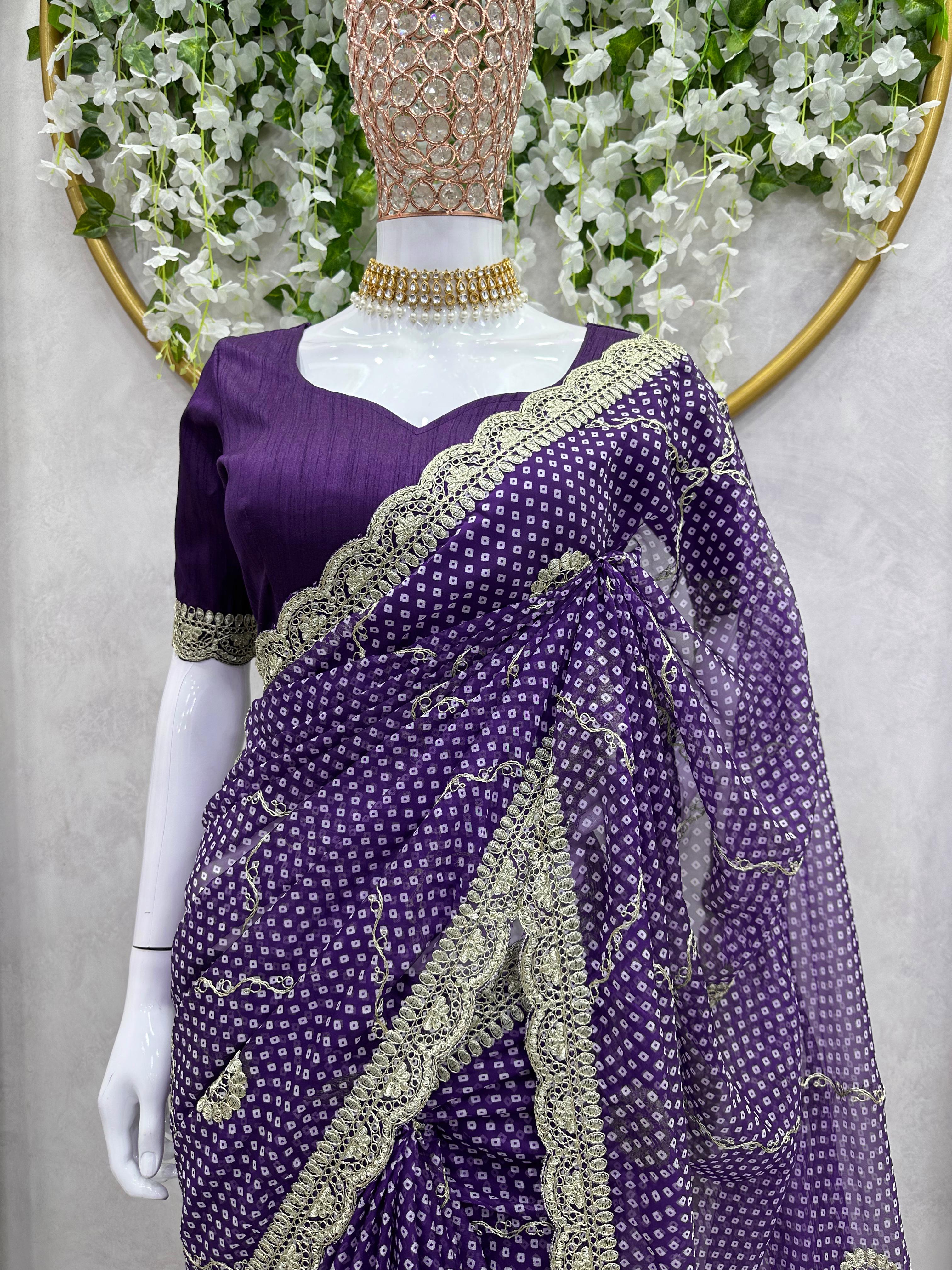 Wedding Wear Purple Color Tibby Silk Digital Printing Thread Lace Work Saree