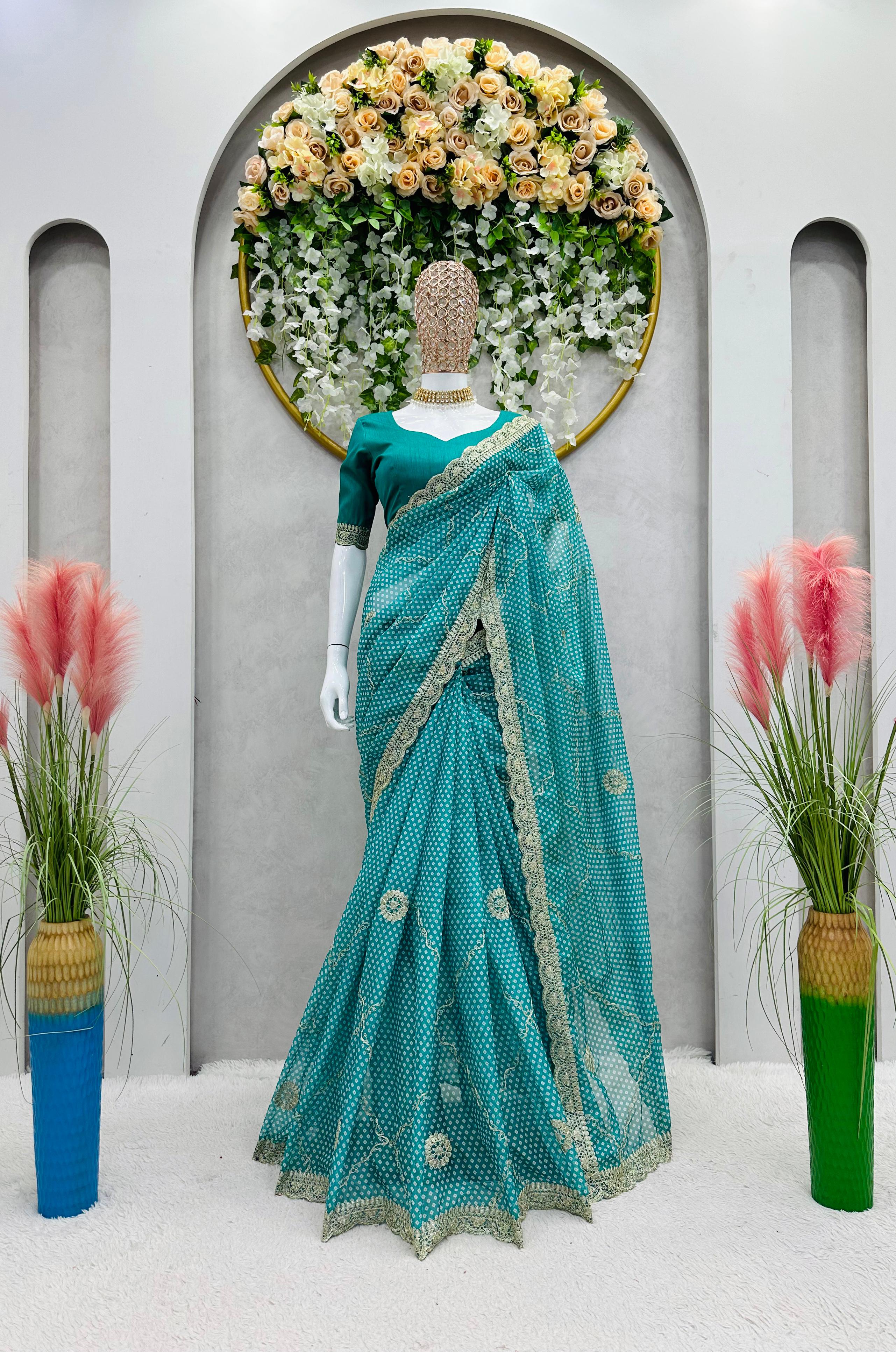 Latest Designer Sea Green Tibby Silk Digital Printed Saree With Blouse