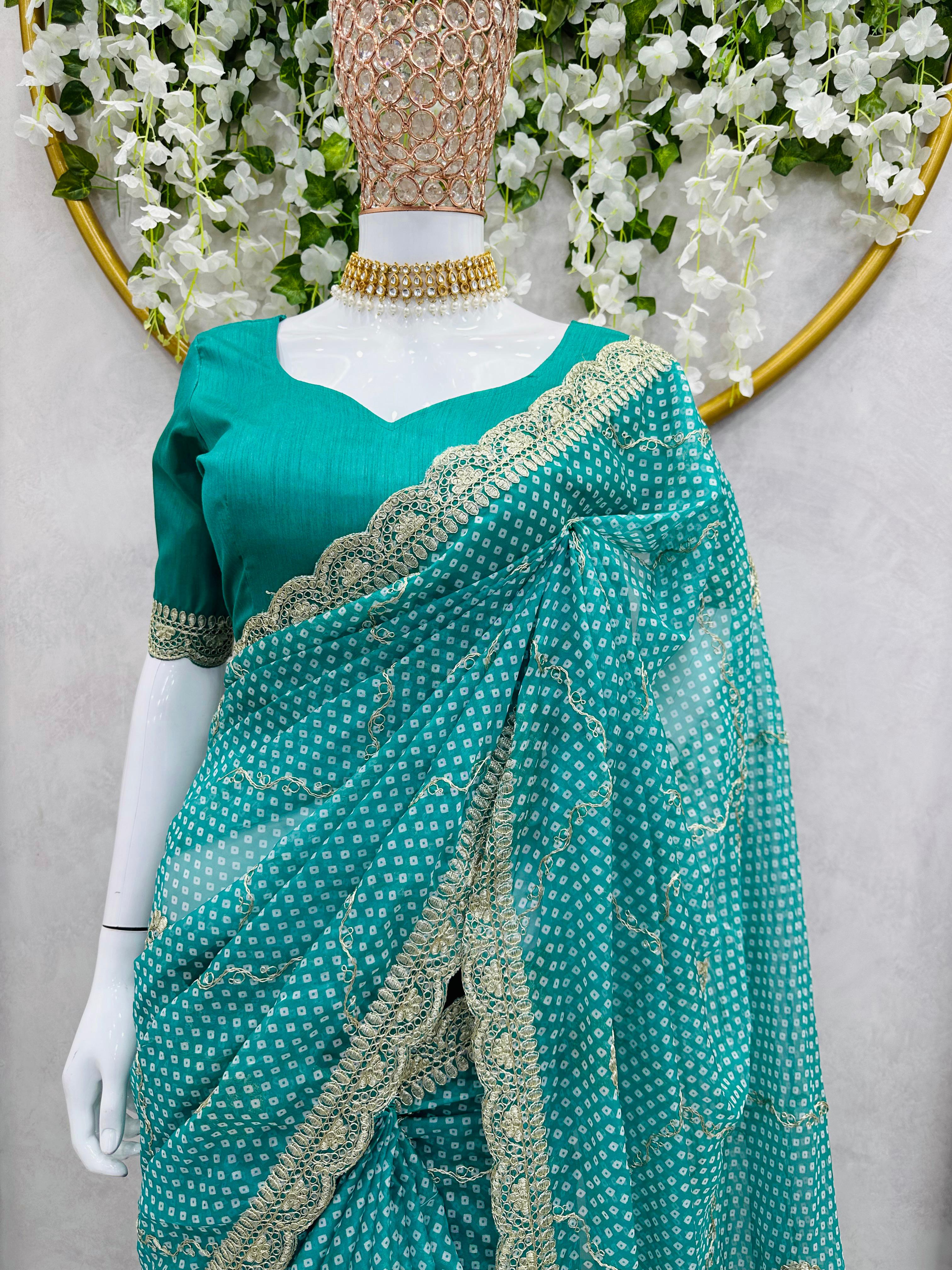 Latest Designer Sea Green Tibby Silk Digital Printed Saree With Blouse