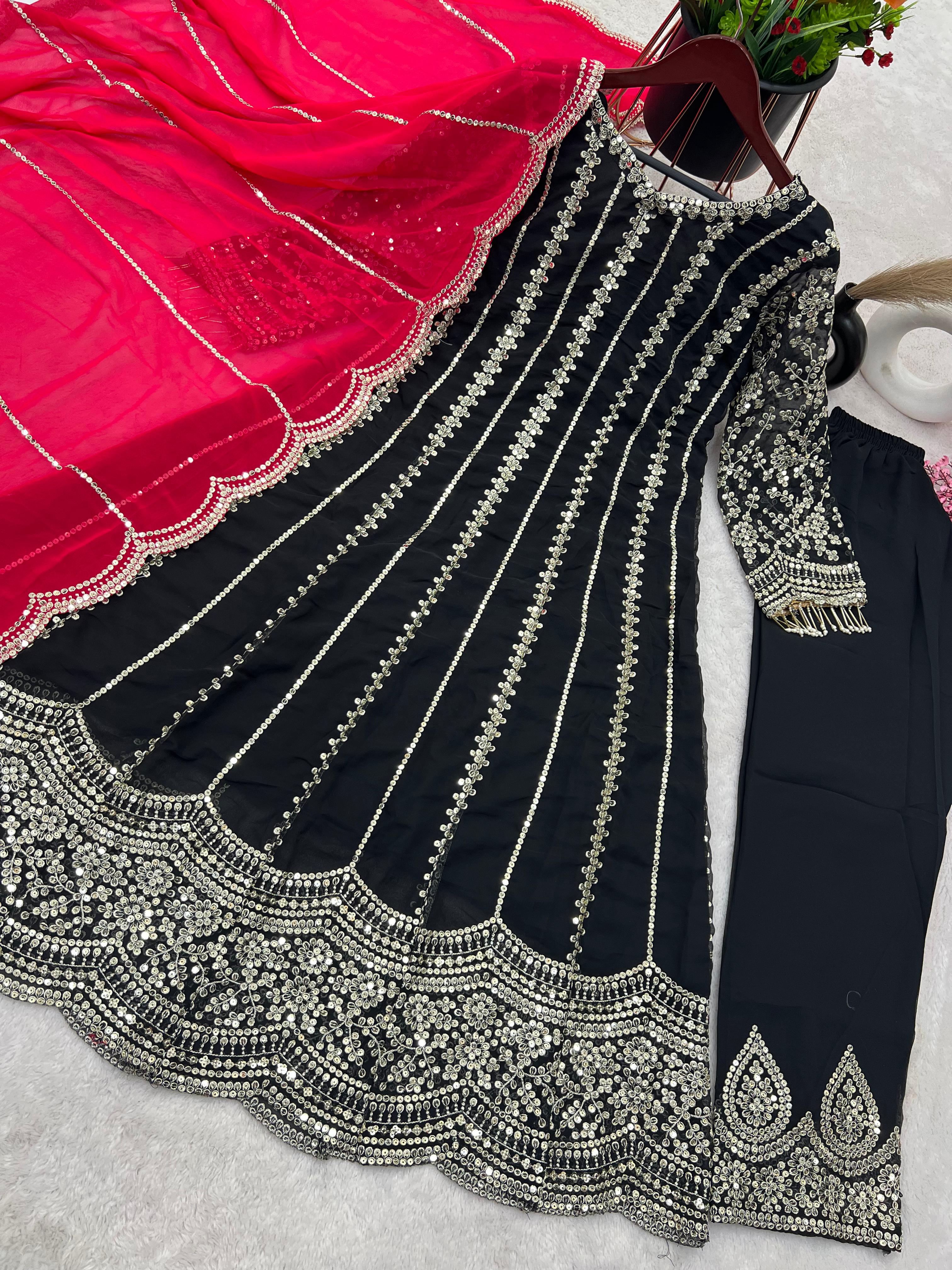 Charming Chinon Silk Embroidery Sequence Work Black Color Anarkali Suit